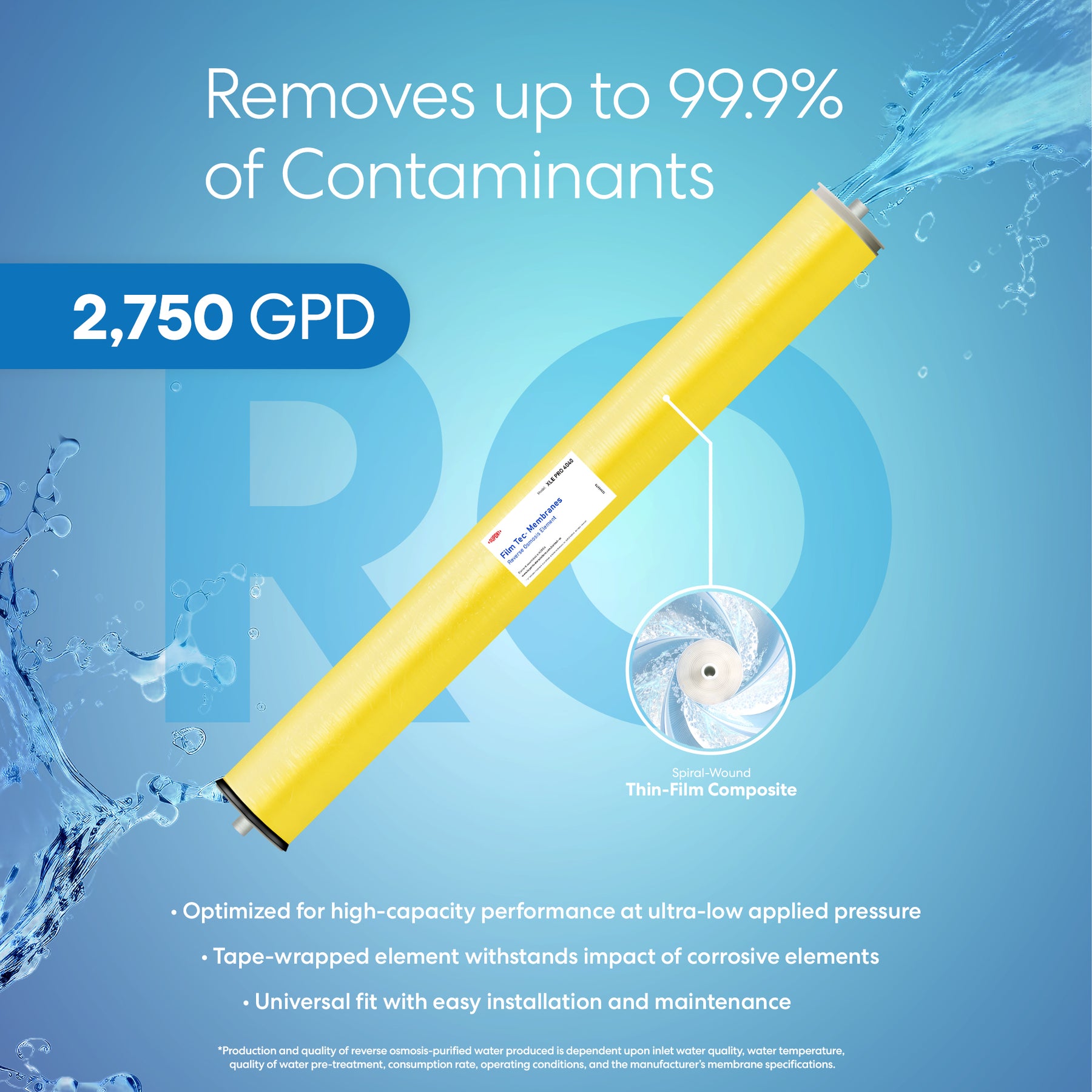 The DuPont FilmTec Commercial Reverse Osmosis Membrane 2750 GPD, shown in yellow, removes up to 99.9% of contaminants with molecular-level purification, featuring a 2,750 GPD capacity over a blue background with water splashes and highlights.