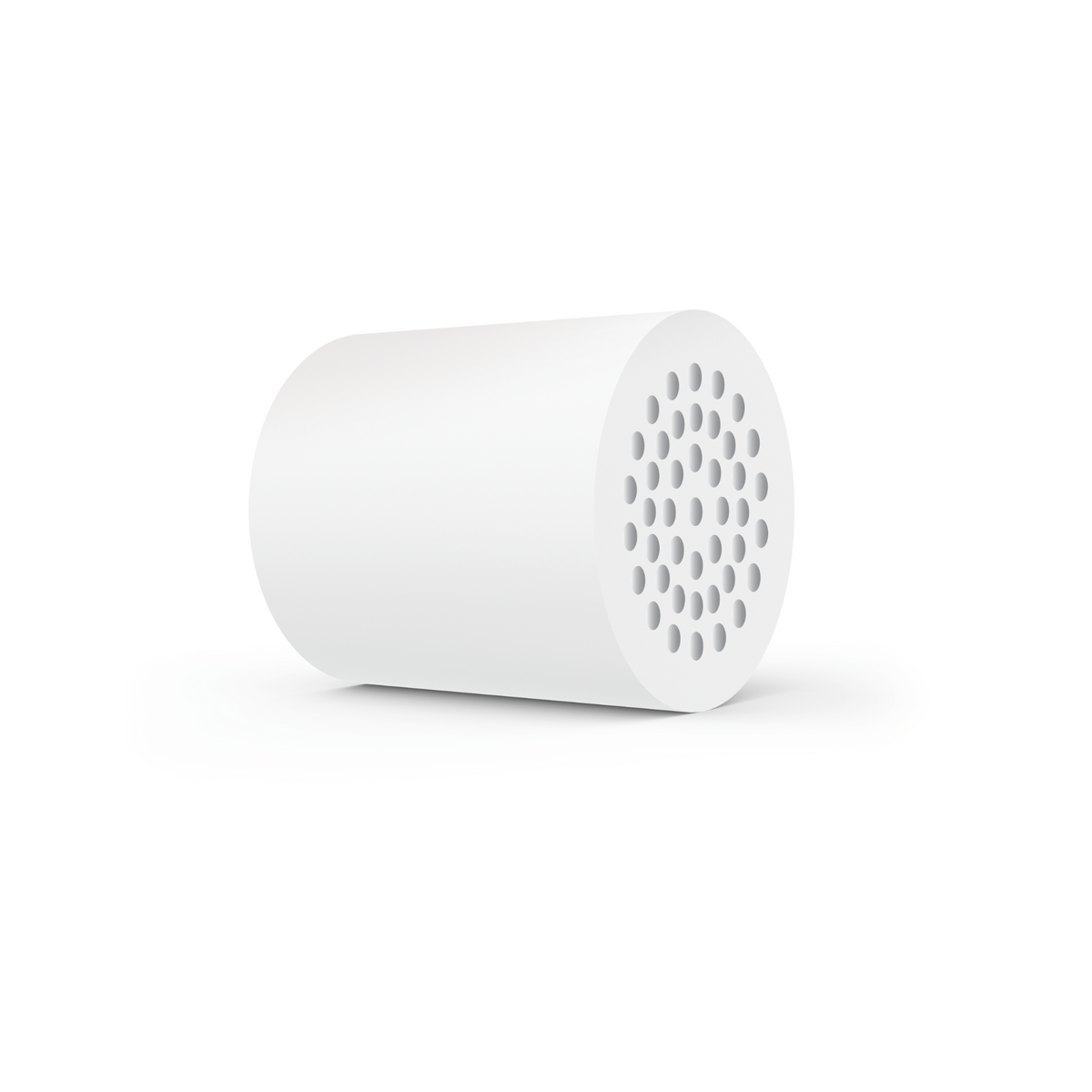 A 17 Stage Shower Filter Replacement Cartridge, white and cylindrical, rests on its side; one end displays small round holes in concentric circles, representing filtered shower water against a plain white background.