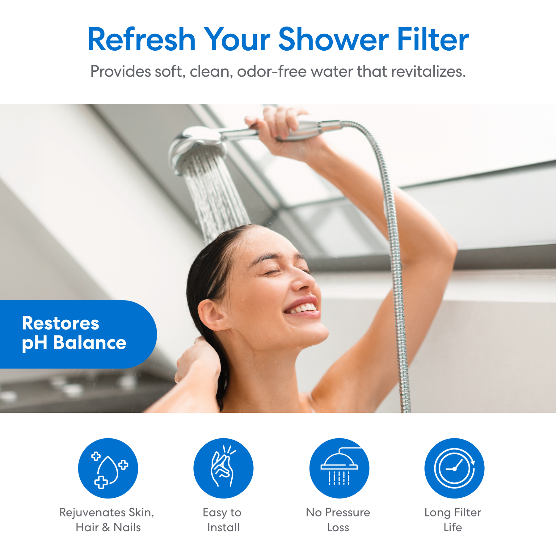 A woman enjoys a shower with the 17 Stage Shower Filter Replacement Cartridge, which restores pH balance, rejuvenates skin, hair & nails, is easy to install, maintains pressure, and offers long-lasting filtration.