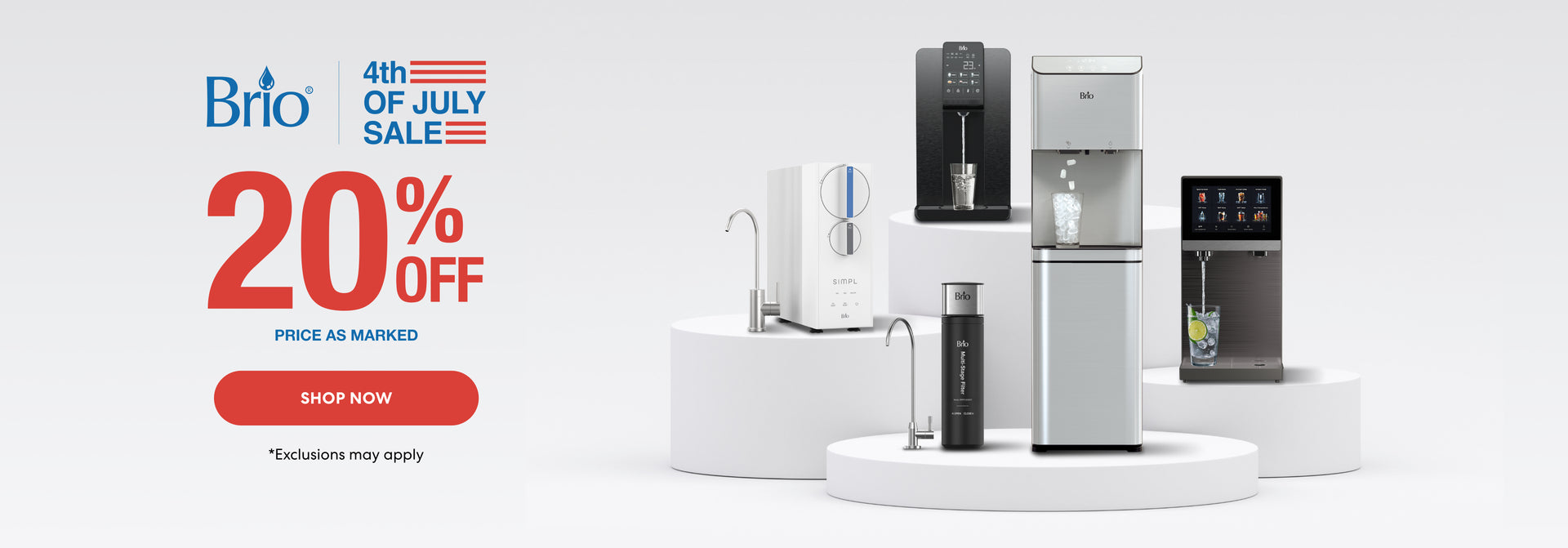 Brio water dispenser sale advertisement with 20% off during 4th of July sale on a white background.