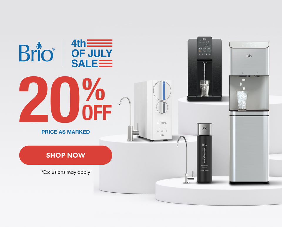 Brio water dispenser sale advertisement with 20% off during 4th of July sale on a white background.