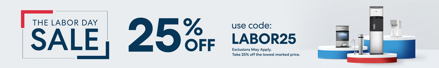 The Labor Day Sale — 25% off with code LABOR25, exclusions may apply. Shop Sale button. Image shows four Brio products displayed on blue, white, and red pedestals: a countertop ice machine, an under-sink filtration system with faucet, a freestanding icemaker water dispenser, and a refillable tank countertop dispenser.  Exclusions may apply and Take 25% off the lowest marked price text.