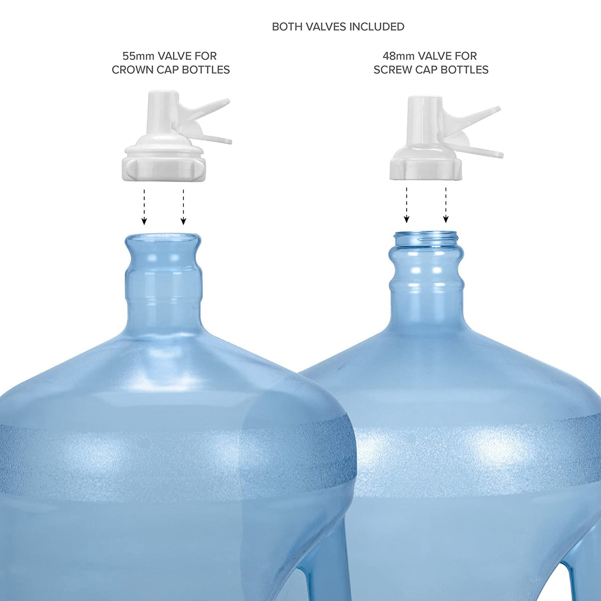 The Metal-Plated Water Bottle Stand displays two eco-friendly blue 5-gallon bottles: left fits a 55mm crown cap, right fits a 48mm screw cap. Matching valves and text labels for each bottle type are shown above.