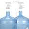 The Metal-Plated Water Bottle Stand displays two eco-friendly blue 5-gallon bottles: left fits a 55mm crown cap, right fits a 48mm screw cap. Matching valves and text labels for each bottle type are shown above.