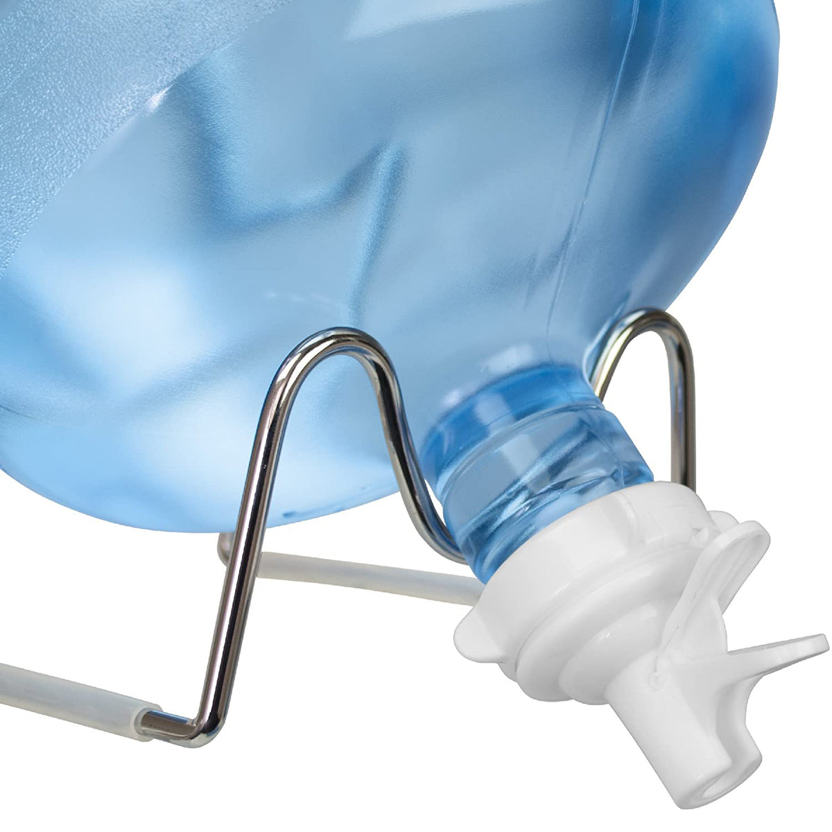 Close-up of a large blue 5-gallon bottle positioned upside down on the Metal-Plated Water Bottle Stand, featuring a white plastic spout for eco-friendly water dispensing.