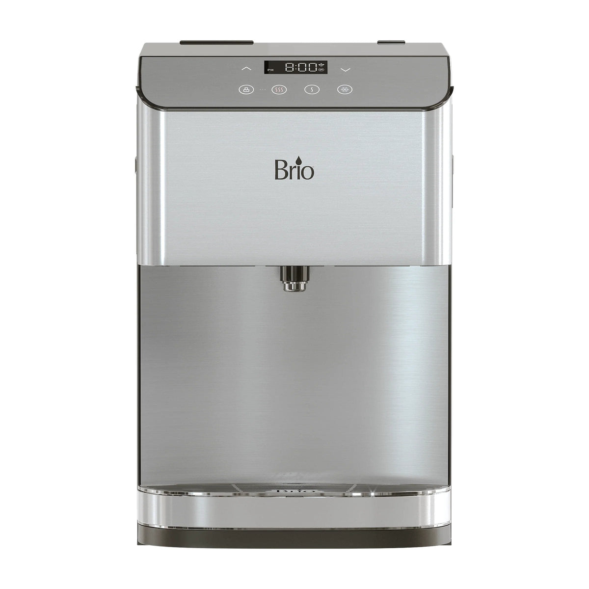 The Moderna 720 Stainless Steel Bottleless Countertop Water Dispenser features a sleek, space-saving design with a central spout above a drip tray, digital display, temperature control buttons, and an advanced 3-stage filtration system for pure and convenient hydration.