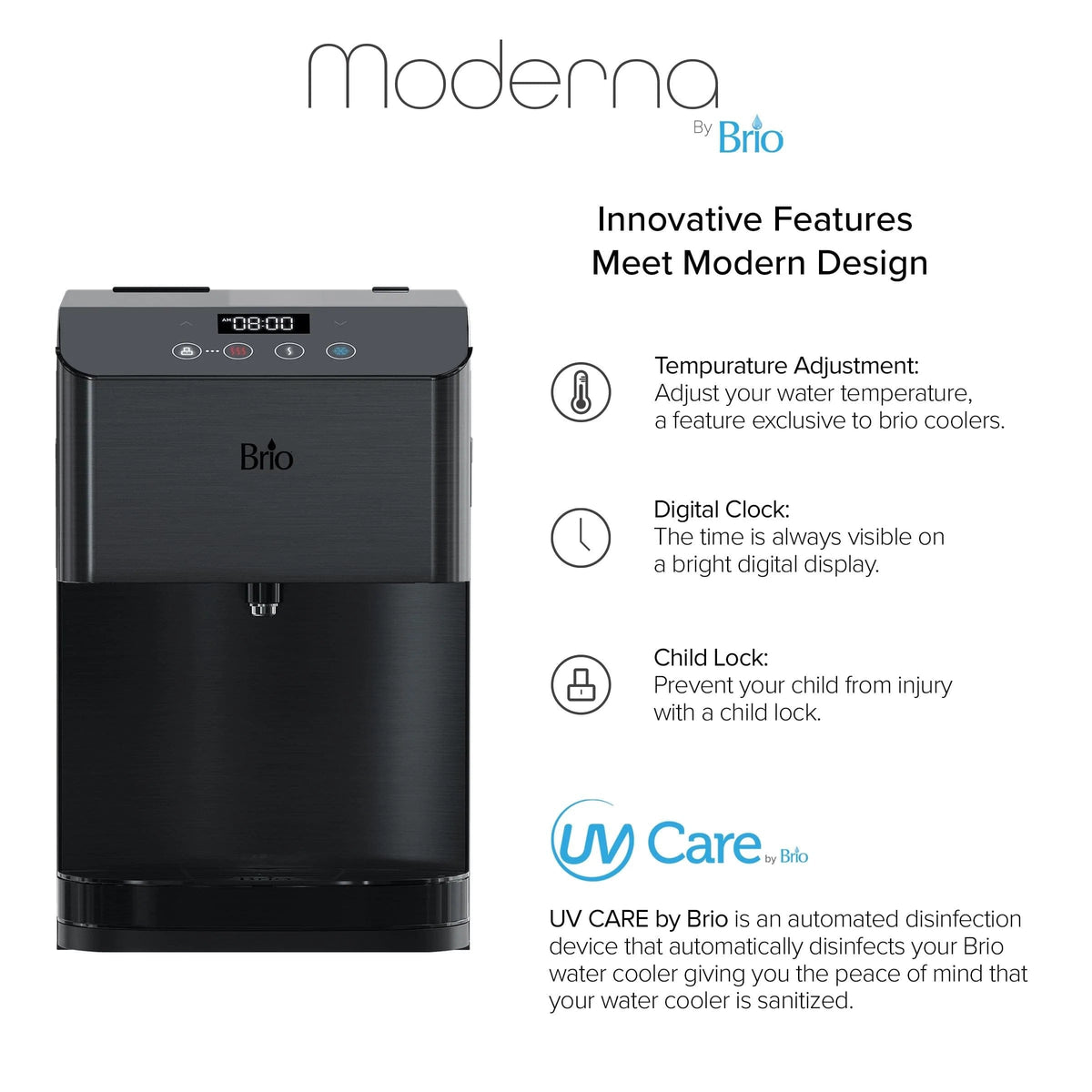 The 3-Stage Black Stainless Filtered Countertop Water Cooler – Moderna Series offers temperature adjustment, a digital clock, and a child lock. Text on the right showcases these features along with advanced 3-stage filtration and UV CARE technology, which automatically disinfects water for enhanced safety. Displayed on a white background.