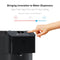 A hand presses a button on the 3-Stage Black Stainless Filtered Countertop Water Cooler - Moderna Series; the digital display reads 62°F. Icons signify selections for very cold or very hot water. Text above promotes customizable temperature, while advanced 3-stage filtration ensures every pour is pure and refreshing.