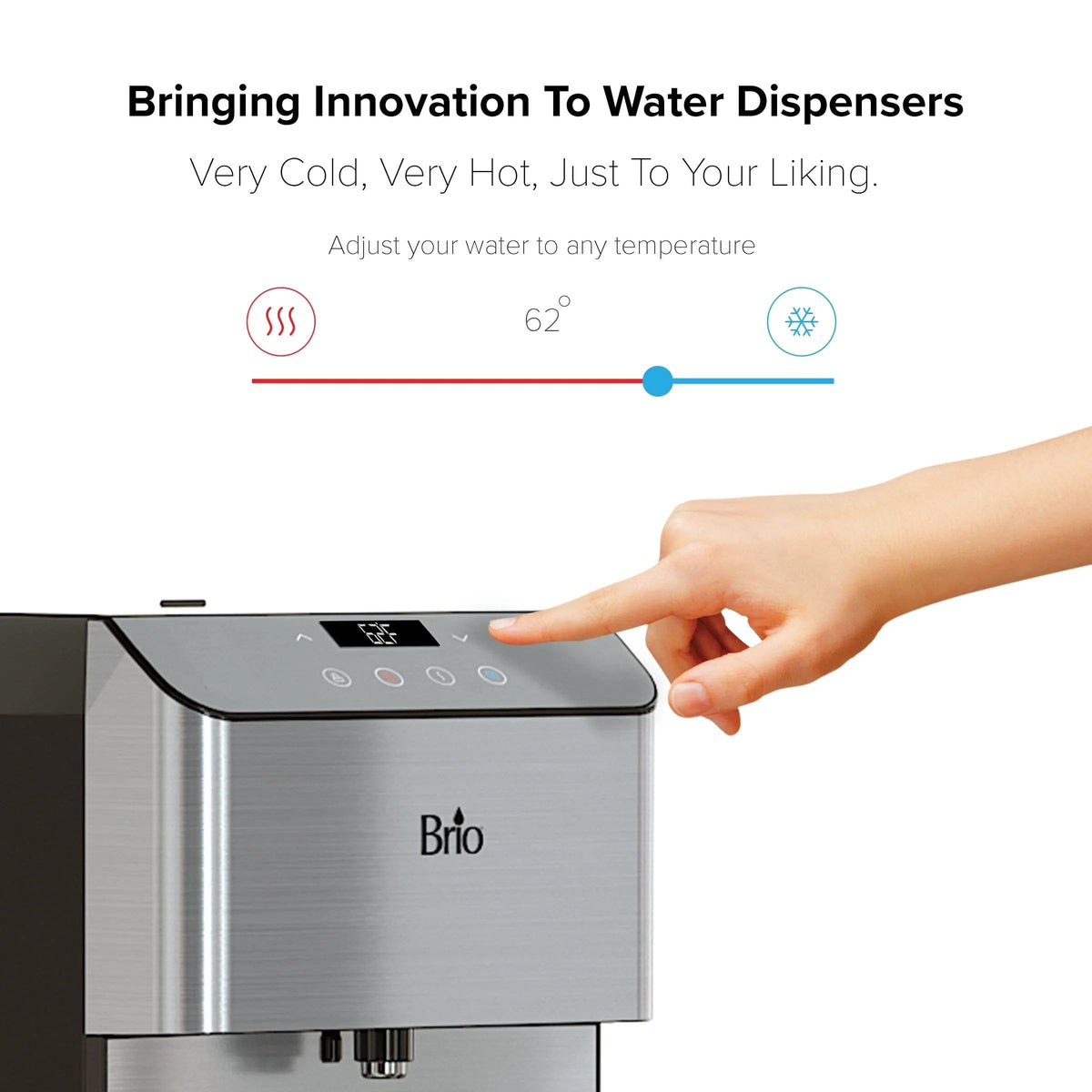A hand adjusts the temperature on the Stainless Steel Bottleless Countertop Water Dispenser - Moderna 720, which features icons for hot and cold water and a digital display showing 62°F. Its space-saving design seamlessly fits your kitchen, while the 3-stage filtration system ensures every sip is pure and refreshing.
