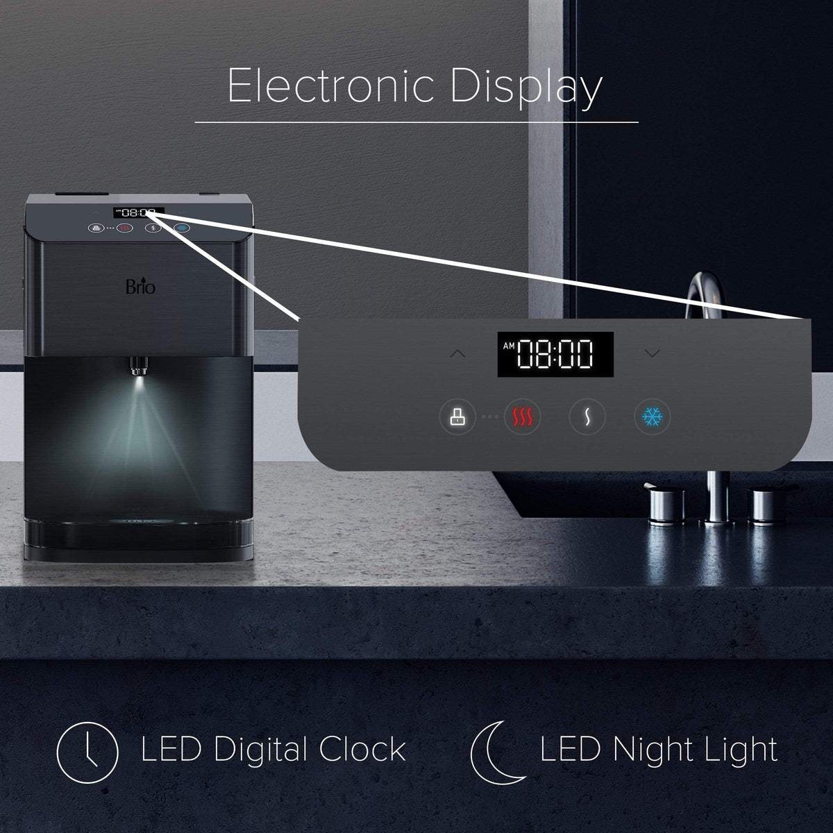 The 3-Stage Black Stainless Filtered Countertop Water Cooler - Moderna Series features advanced 3-stage filtration and an electronic display with a digital clock, night light, and hot/cold water indicators, making it a convenient addition to your kitchen counter near the sink.