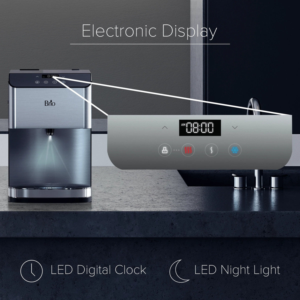 The Stainless Steel Bottleless Countertop Water Dispenser - Moderna 720 sits neatly on a kitchen counter, showcasing its space-saving design. A close-up of its electronic display reveals the time set to 8:00 AM, an LED digital clock, and intuitive icons for multiple functions. The illuminated LED night light icon appears at the bottom of the display, alongside indicators for the dispenser’s advanced 3-stage filtration system.