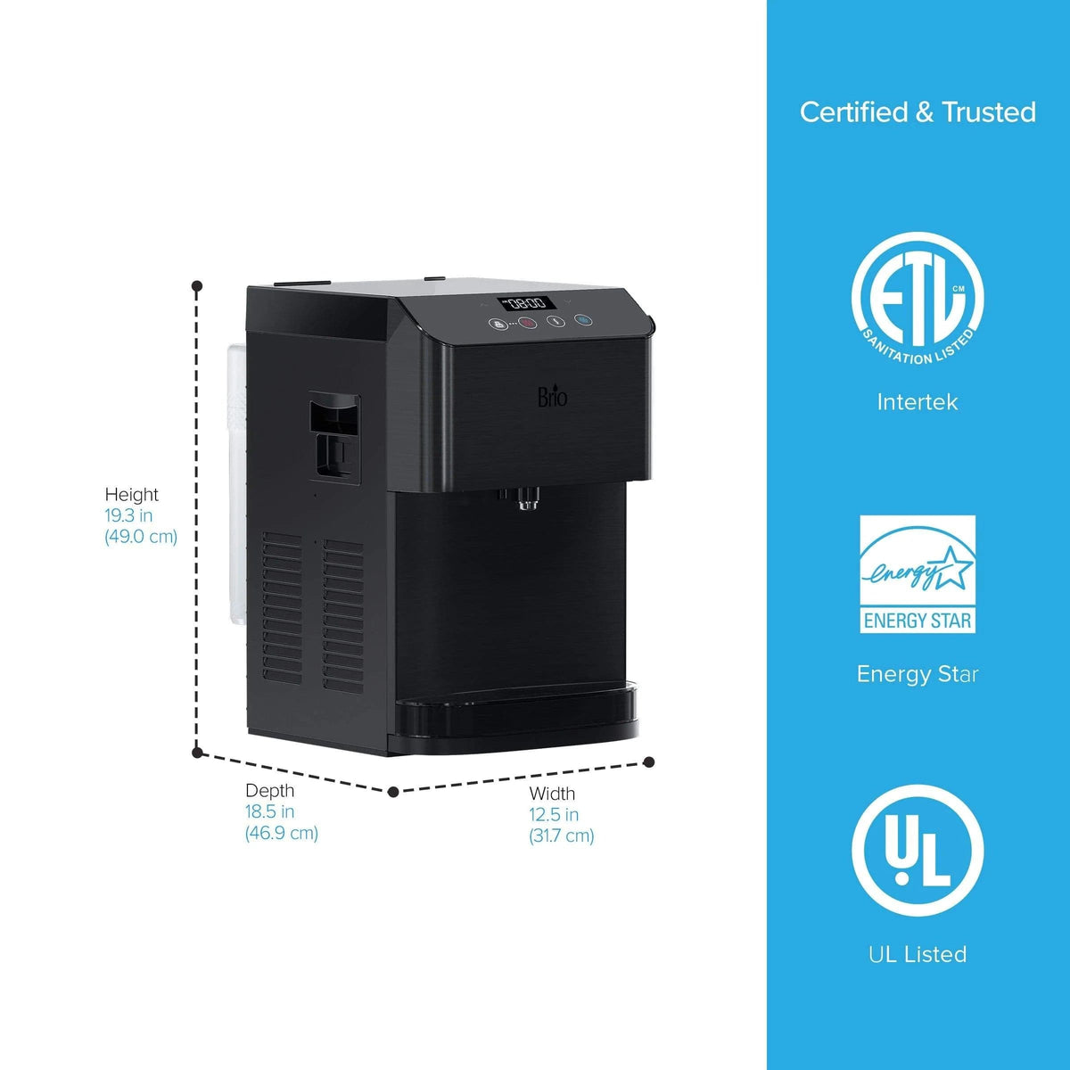 3-Stage Black Stainless Filtered Countertop Water Cooler - Moderna Series, featuring a black finish and 3-stage filtration, dispenses both water and ice. Dimensions are clearly labeled: height 19.3″ (49 cm), depth 18.5″ (46.9 cm), width 12.5″ (31.7 cm). This bottleless water cooler is ETL, Energy Star, and UL certified. Blue background on the right.