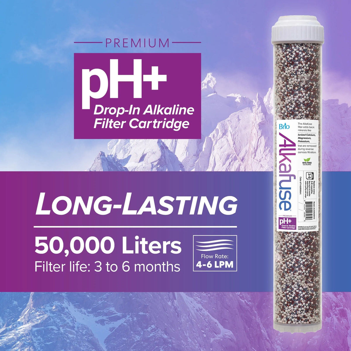 The Alkafuse Drop-In Alkaline Filter (2.5" x 20", 50,000L) boosts pH, outputs mineralized water, fits reverse osmosis systems, lasts 3–6 months with a 4–6 LPM flow rate, and uses a cylindrical drop-in design.
