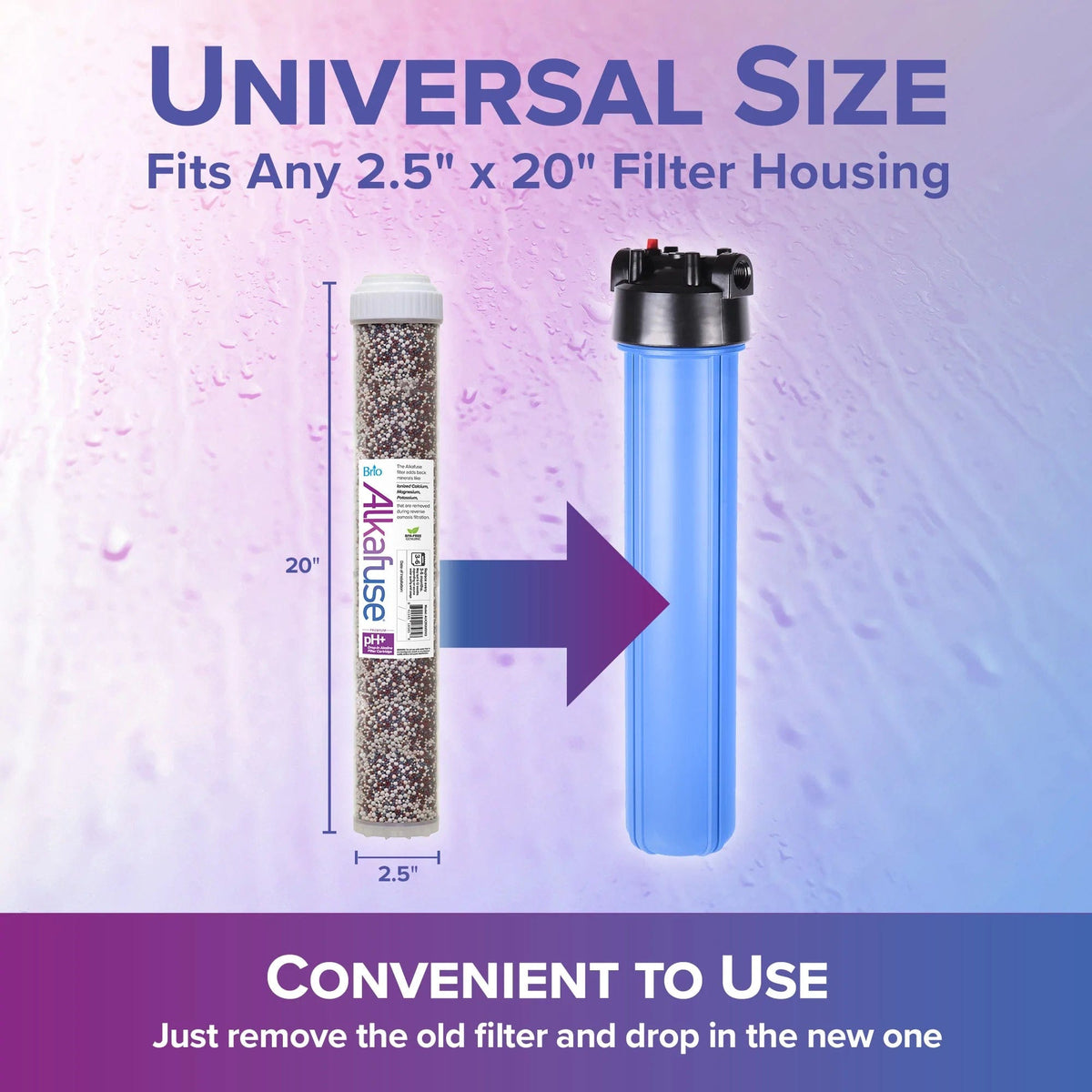 The Alkafuse Drop-In Alkaline Filter, 50,000 L, 2.5" x 20", fits any 2.5 x 20 filter housing. An arrow illustrates easy insertion into the blue filter housing. Banner highlights: “Convenient to Use.”.