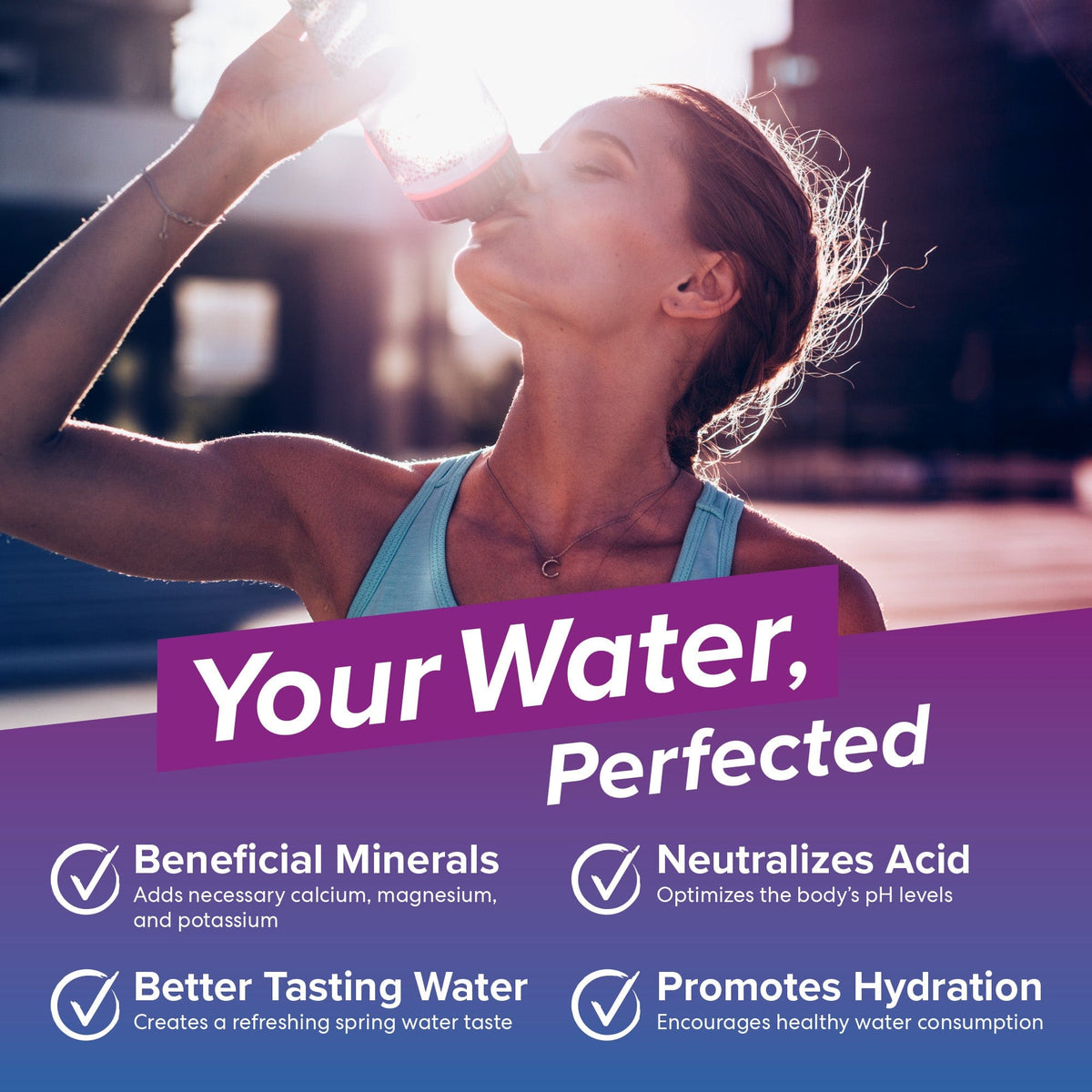 A woman in athletic wear drinks mineralized water using the Alkafuse Drop-In Alkaline Filter, 150,000 L, 4.5" x 20", enjoying beneficial minerals, improved taste, acid neutralization, and hydration at sunset outdoors.