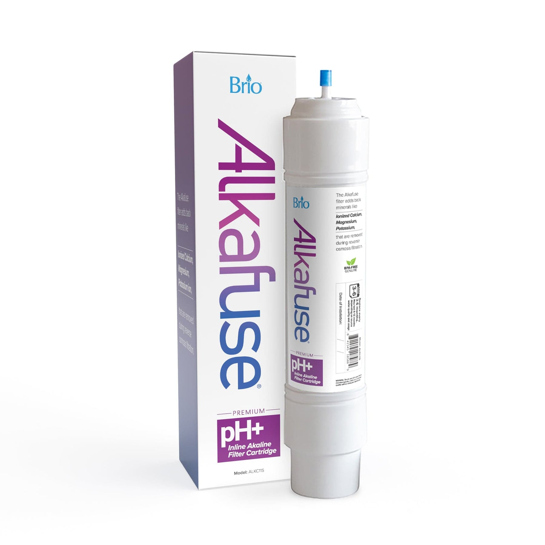 A Brio Alkafuse In-Line Alkaline Filter (8,000 L, 1/4" Quick Connect) stands upright beside its tall box, both featuring the product name and blue-purple branding—ideal for any reverse osmosis filter system.