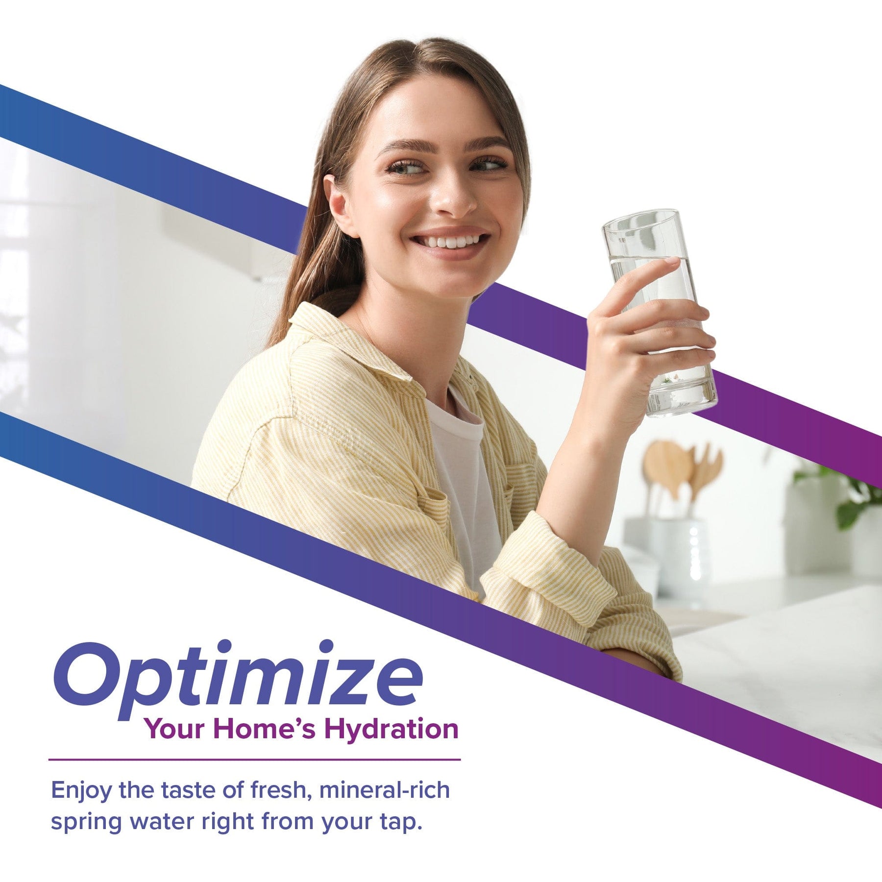 A smiling woman sits in a bright kitchen holding a glass of water. Diagonal purple and blue stripes frame the image. Text reads: Optimize your home’s hydration with the Brio Alkafuse In-Line Alkaline Filter for fresh, mineral-rich tap water.