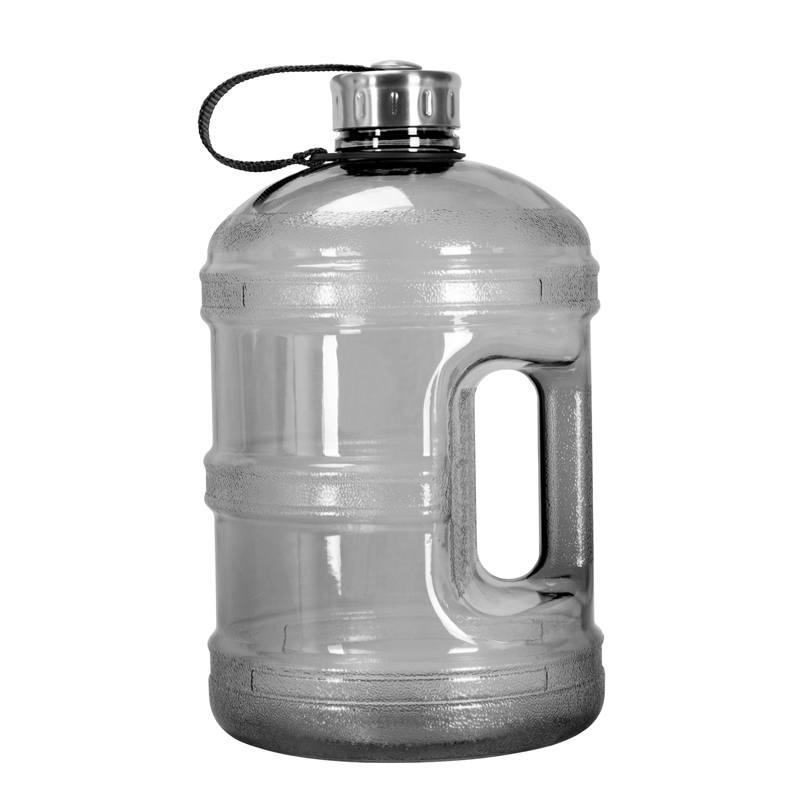 The GEO 1-Gallon BPA-Free Sports Bottle features a clear, large plastic body, side handle, and an attached stainless steel screw-on cap. Dishwasher safe and empty, it is shown against a white background.