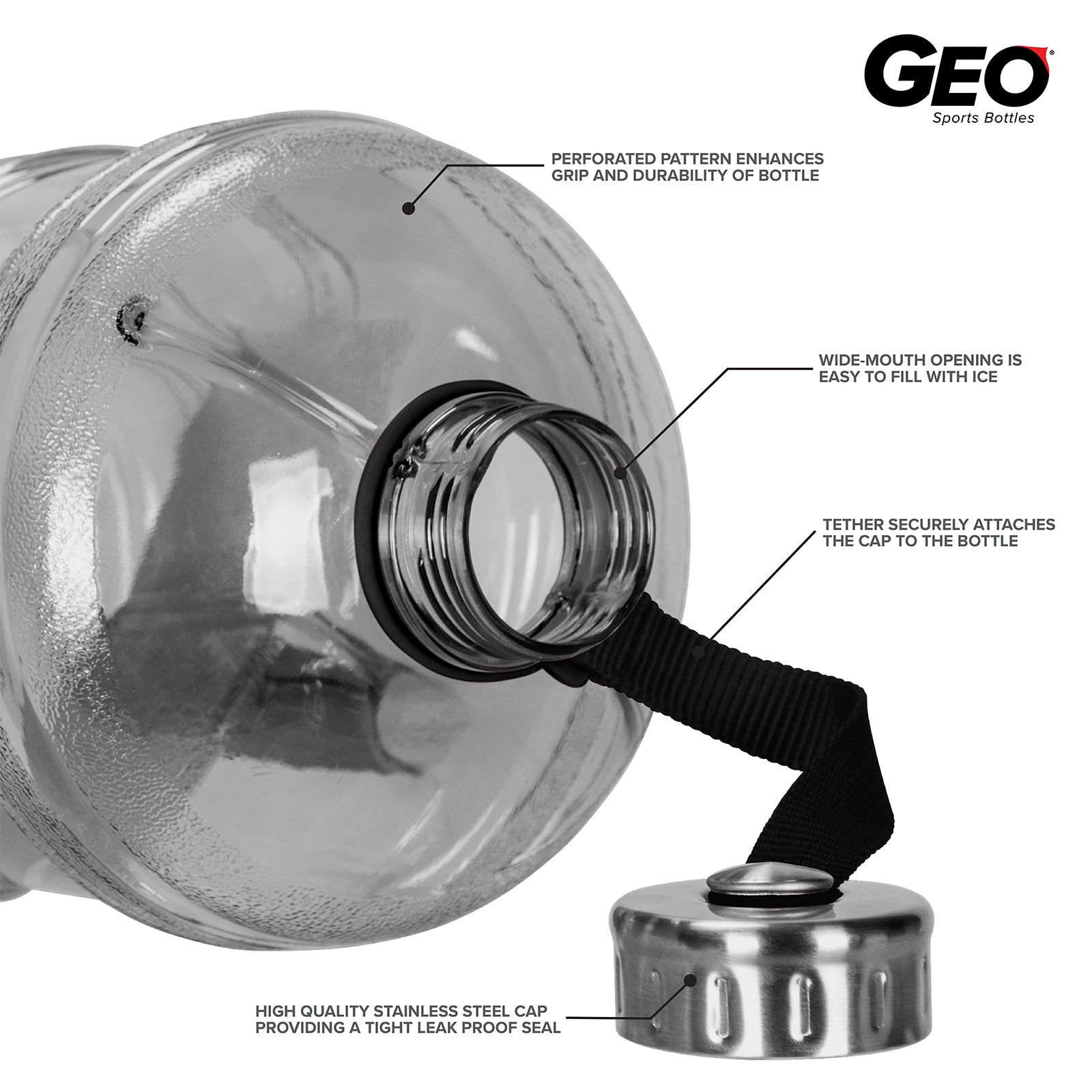 The GEO 1-Gallon BPA-Free Sports Bottle features a wide-mouth opening, perforated grip, stainless-steel strap-attached cap, and leak-proof design. It's dishwasher safe with labeled features and the GEO Sports Bottles logo in the corner.