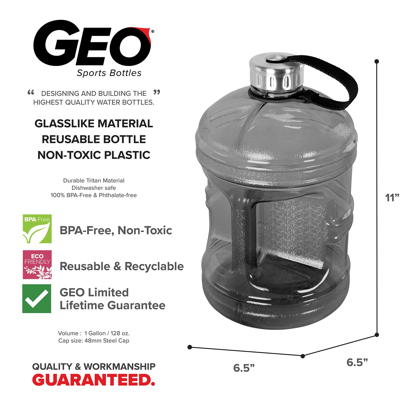 The GEO 1-Gallon BPA-Free Sports Bottle with a stainless steel cap is shown. This transparent, leak-proof, dishwasher-safe bottle features recyclable material. Product dimensions and warranty info are also displayed.