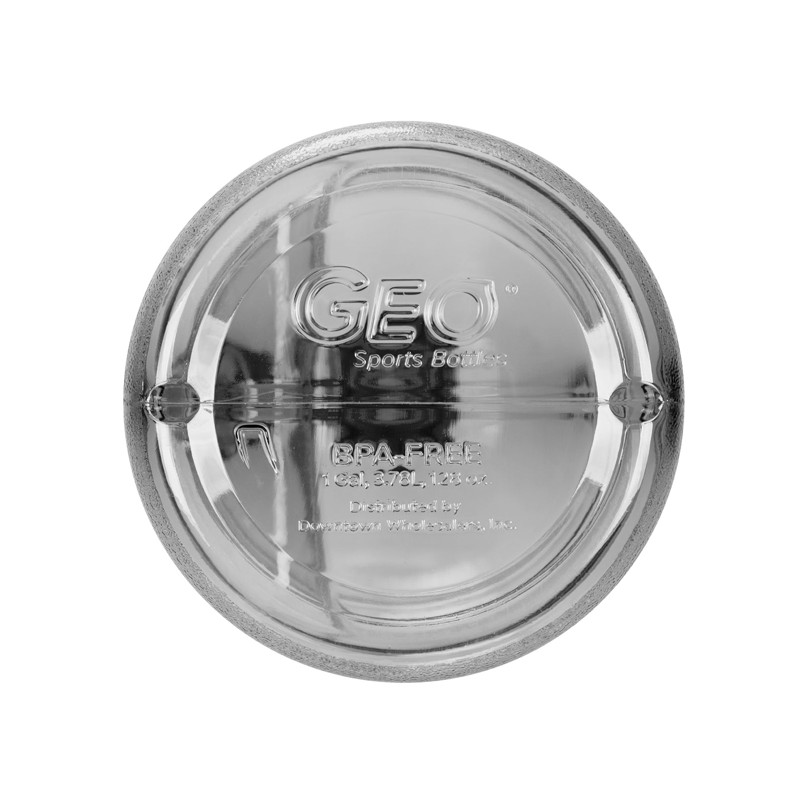 The GEO 1-Gallon BPA-Free Sports Bottle features a clear, BPA-free plastic lid embossed with the GEO logo and recycling info. The lid has two side notches for secure attachment to the leak-proof, dishwasher-safe bottle with a stainless steel cap.