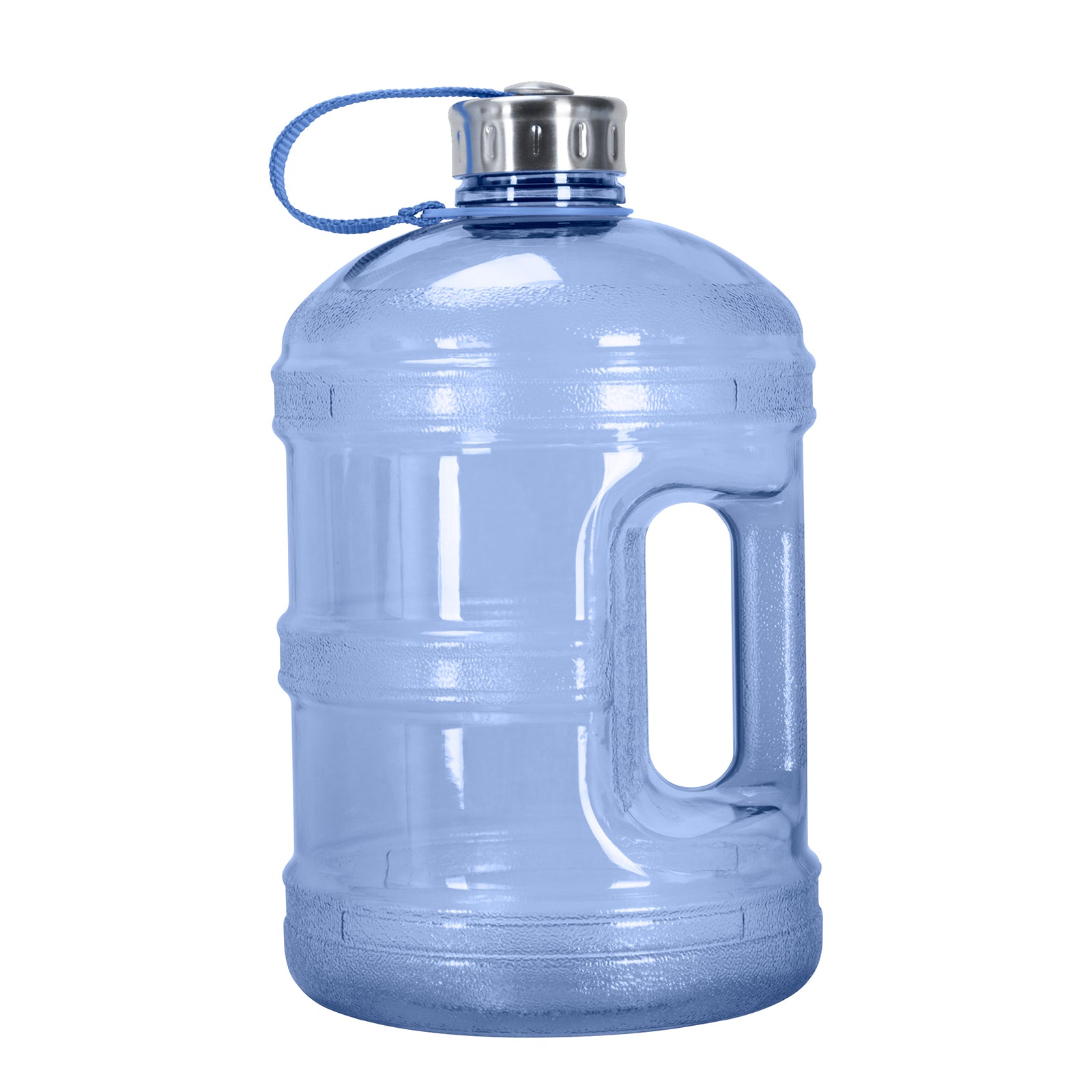 The GEO 1-Gallon BPA-Free Sports Bottle features a transparent blue design, stainless steel screw cap, built-in handle, and blue carrying loop. Dishwasher safe, it's easy to clean and perfect for daily use.