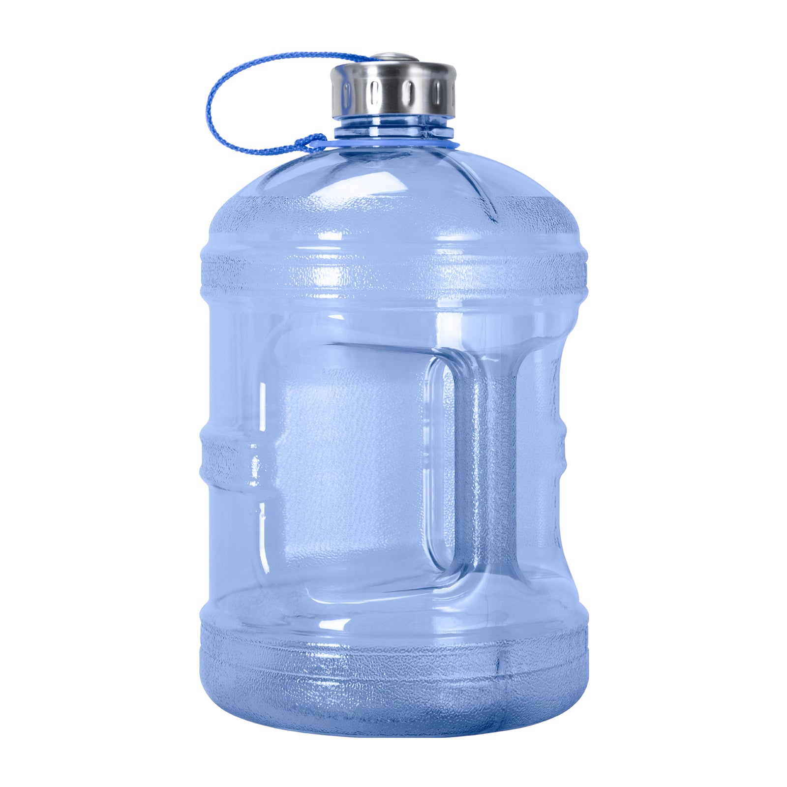 The GEO 1-Gallon BPA-Free Sports Bottle with stainless steel cap features a large, transparent blue design, a built-in handle, and stands upright on a white background.