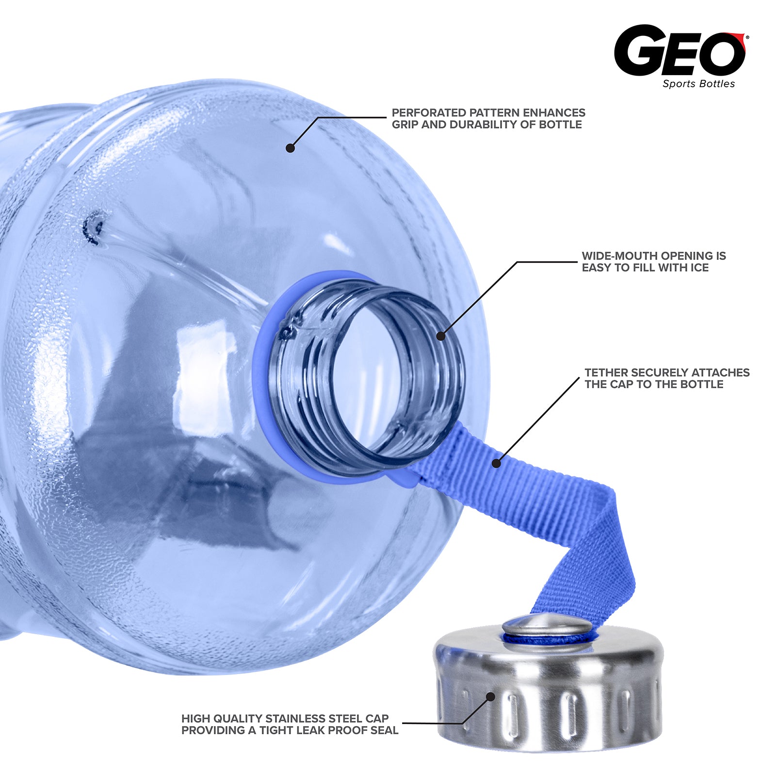 A close-up of the GEO 1-Gallon BPA-Free Sports Bottle With Stainless Steel Cap shows its wide-mouth opening, perforated grip pattern, blue tethered stainless steel leak-proof cap, and BPA-free clear plastic—each feature clearly labeled.