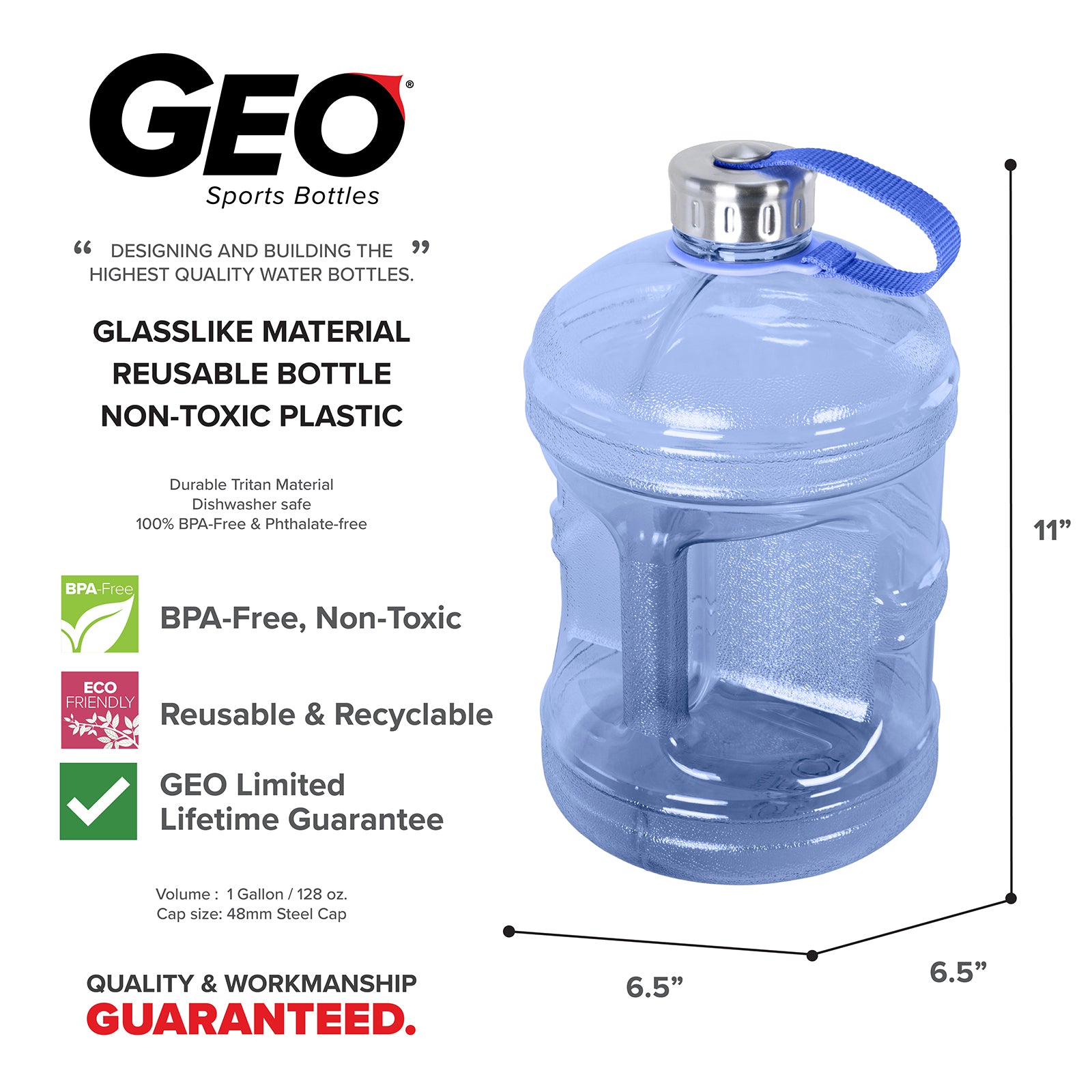 The GEO 1-Gallon BPA-Free Sports Bottle features a clear blue design, stainless steel leak-proof screw cap, carrying strap, and is dishwasher safe. Made from non-toxic, reusable plastic and backed by a limited lifetime guarantee. Dimensions shown.