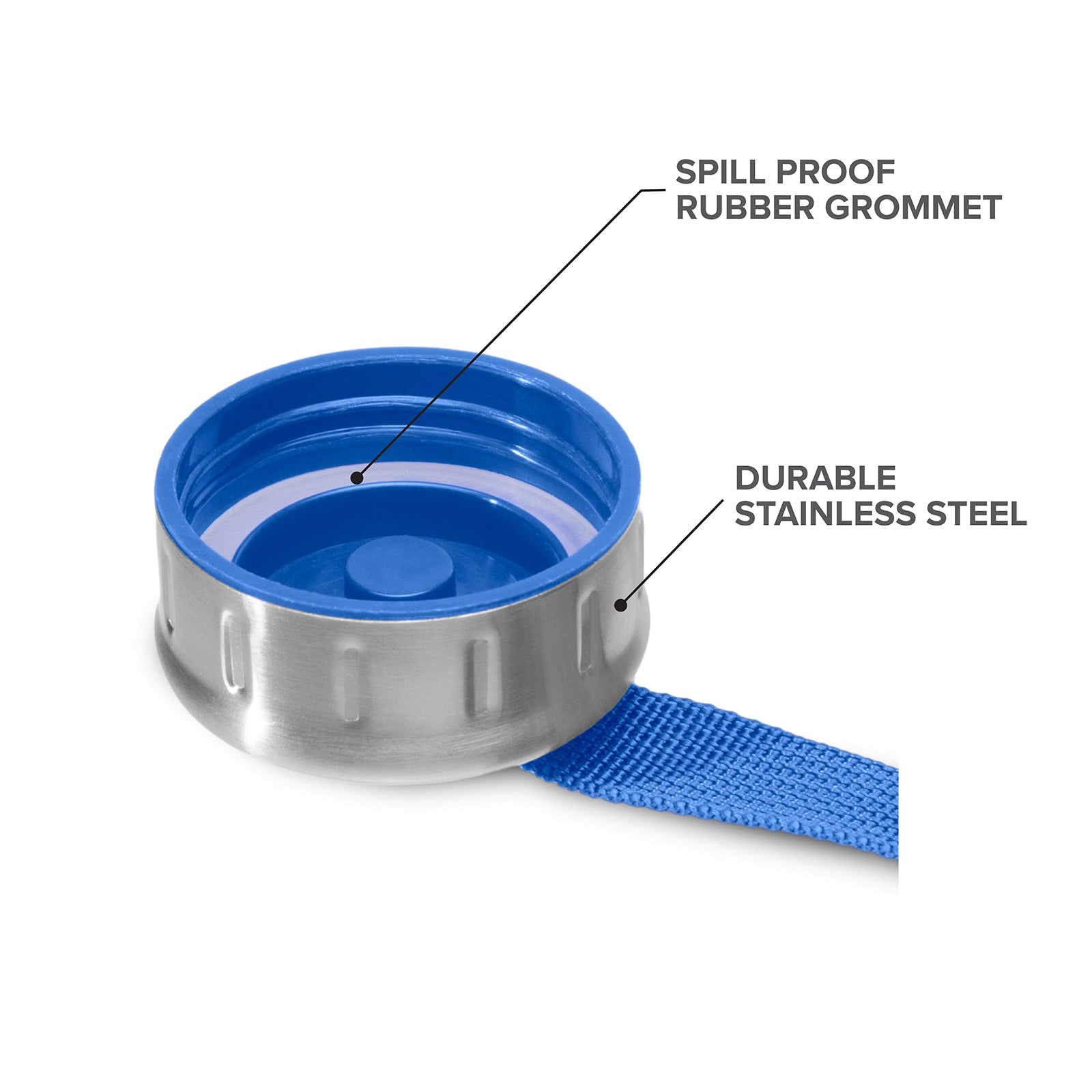A close-up of the GEO 1-Gallon BPA-Free Sports Bottle’s leak-proof, stainless steel cap highlights a blue spill-proof rubber grommet, a durable outer shell, and a blue strap attached to its BPA-free plastic body.