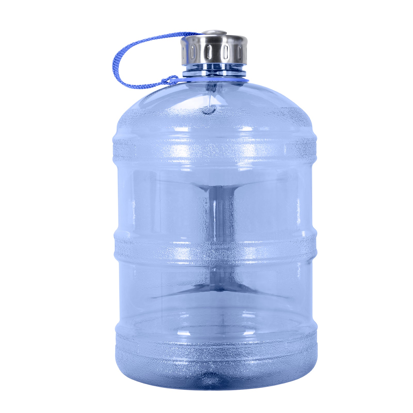 The GEO 1-Gallon BPA-Free Sports Bottle features a transparent blue design, stainless steel screw-on cap, and a blue carrying strap. It stands upright on a white background.