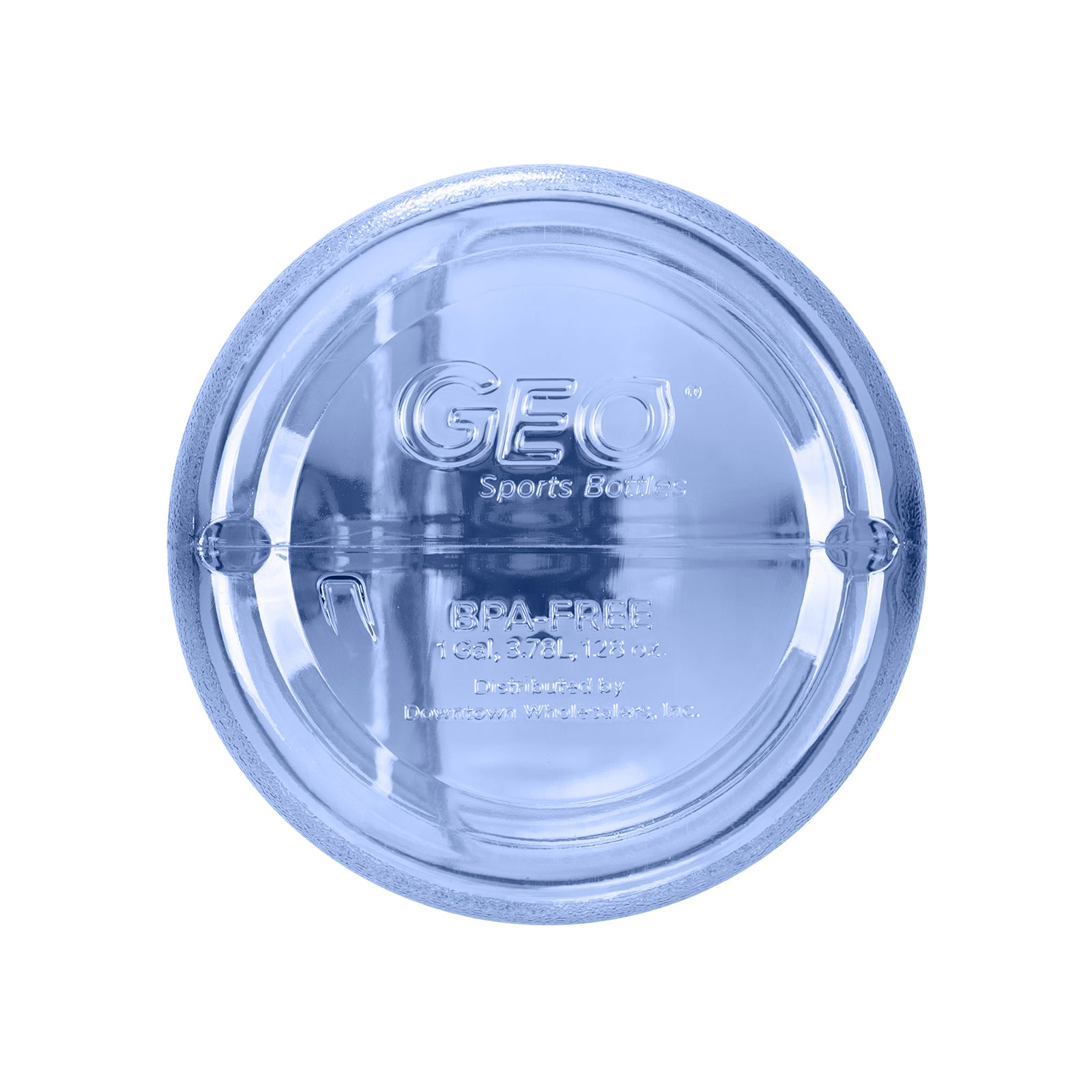 A round, transparent blue cap embossed with GEO Sports Bottle, BPA FREE, and recycling info. Crafted from BPA-free plastic, it complements the GEO 1-Gallon BPA-Free Sports Bottle With Stainless Steel Cap.