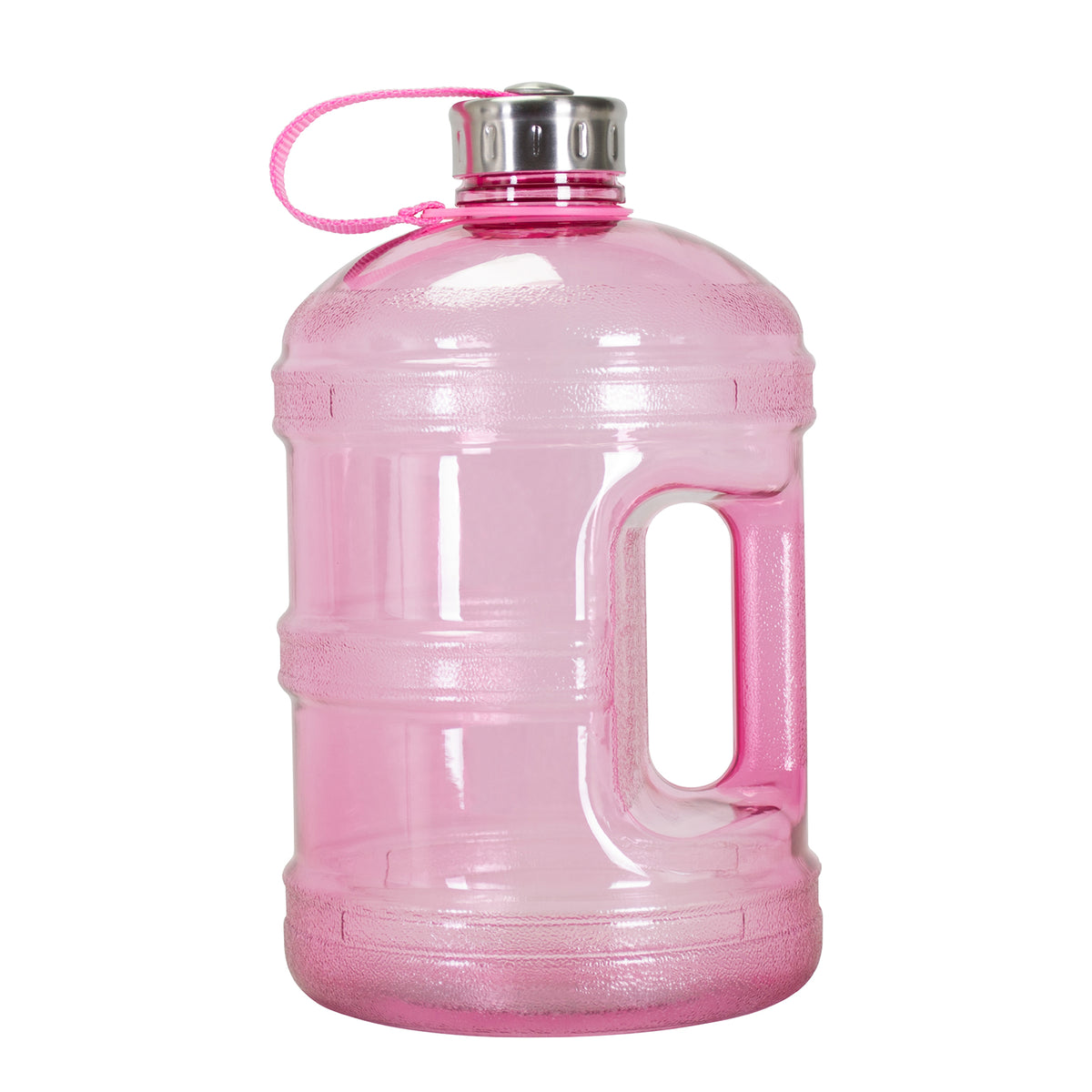 The GEO 1-Gallon BPA-Free Sports Bottle features transparent pink plastic, a built-in side handle, a stainless steel screw-on cap, and a matching pink carrying strap.