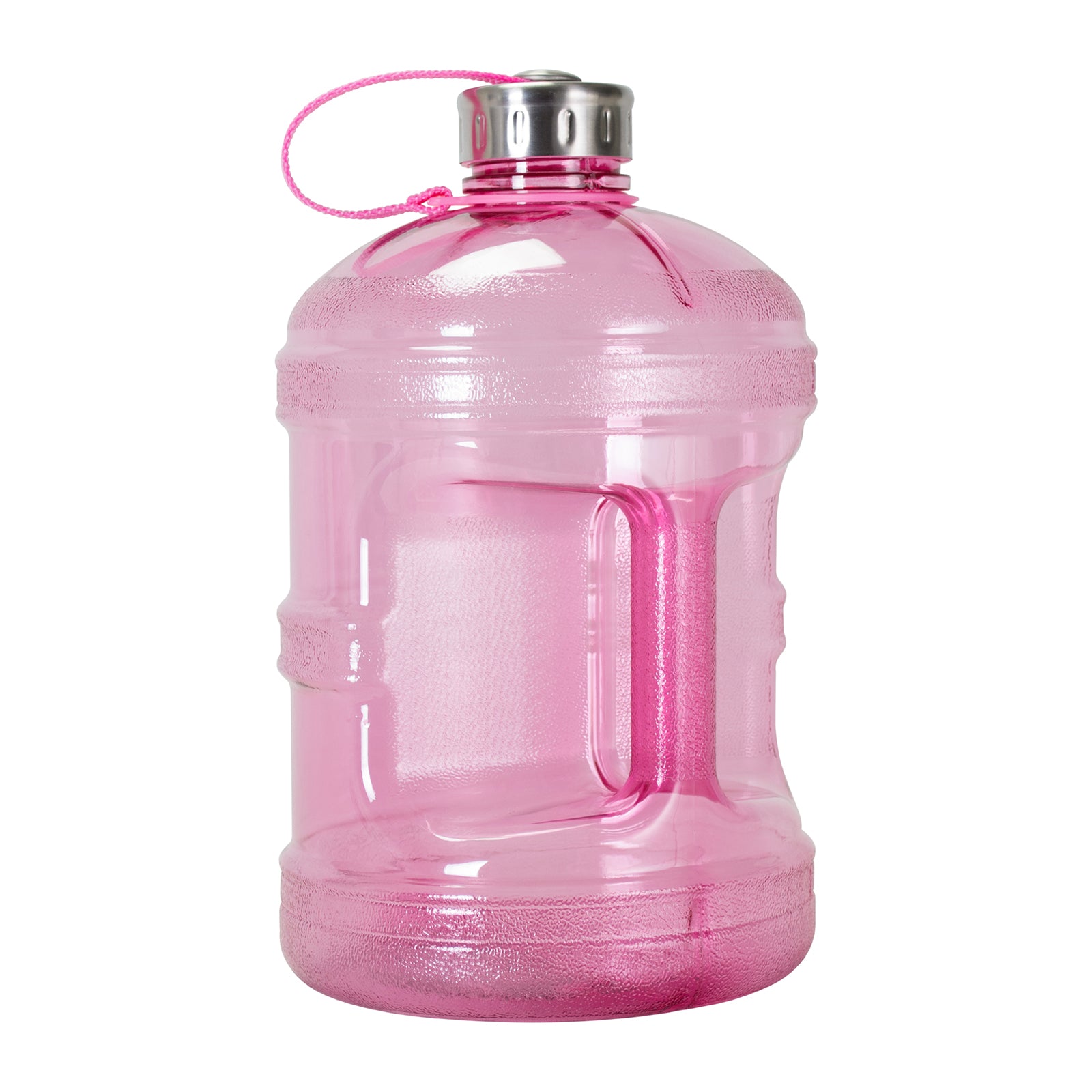 The GEO 1-Gallon BPA-Free Sports Bottle features a large, transparent pink design with a textured grip, built-in side handle, and a silver stainless steel leak-proof screw-on cap connected by a pink strap.