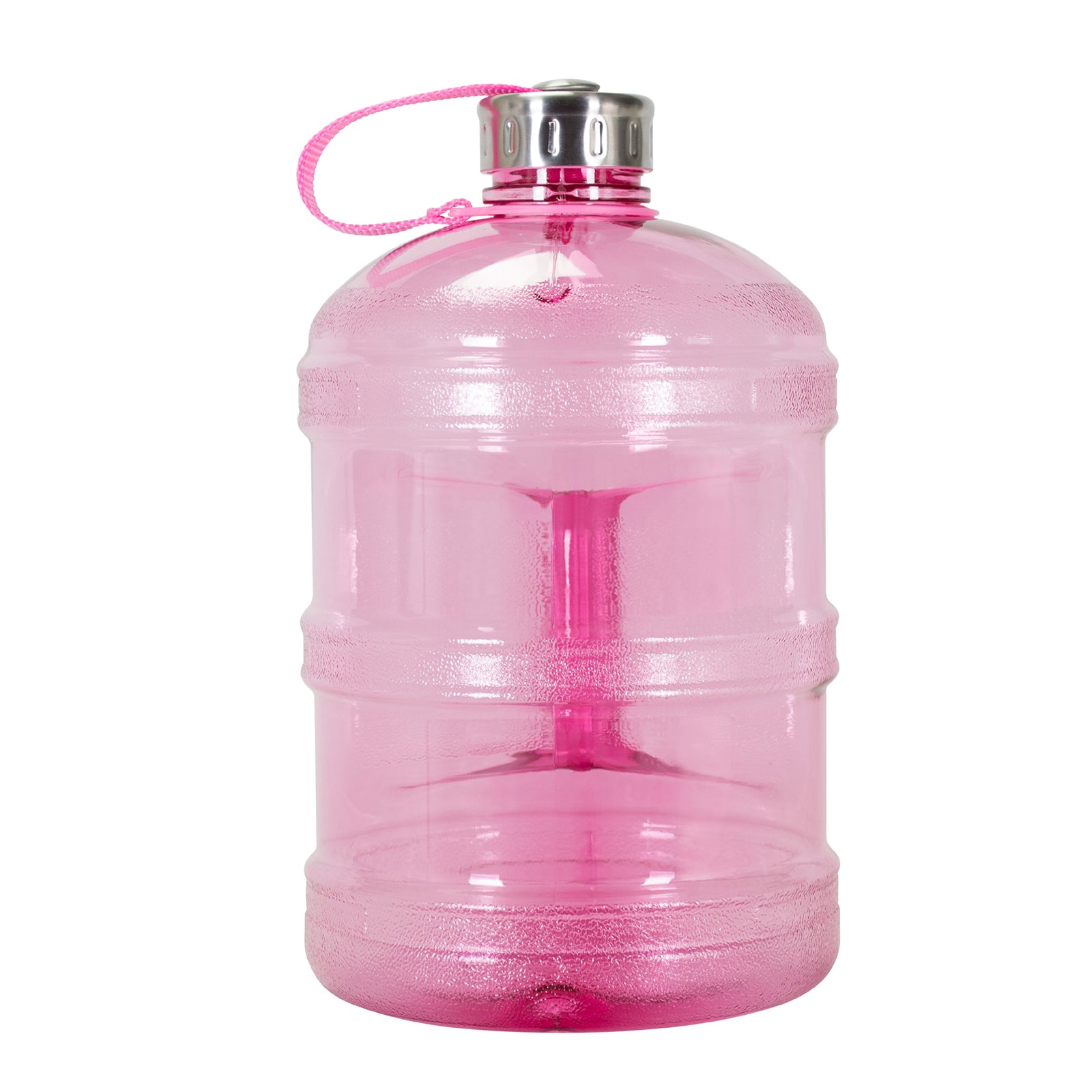 The GEO 1-Gallon BPA-Free Sports Bottle features translucent pink plastic, a stainless steel screw-on cap, matching pink carrying strap, and a leak-proof design.