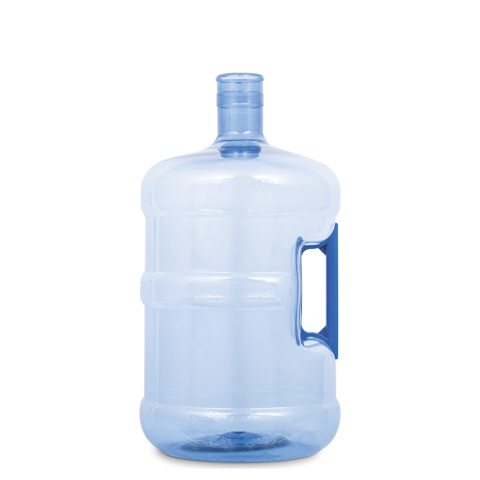 The 3-Gallon BPA-Free Crown Top Water Bottle, made of transparent blue plastic with a built-in side handle, is shown upright and empty on a white background. This reusable jug features a wide opening for easy filling and cleaning.