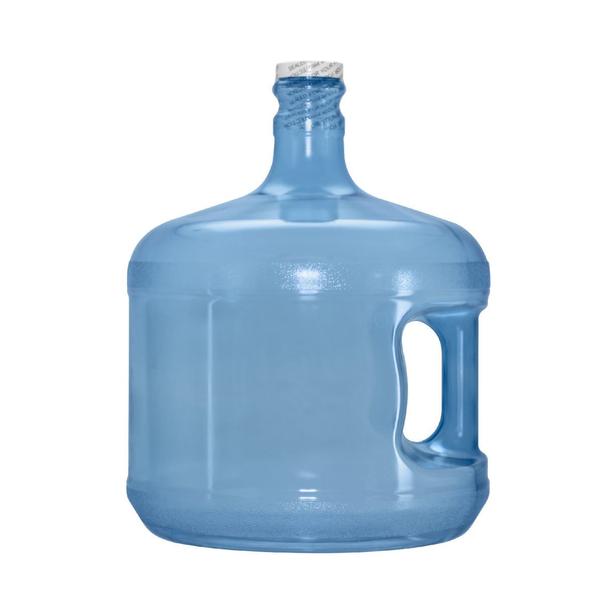 The 3-Gallon Polycarbonate Water Bottle w/ Screw Cap is a large, translucent blue container with a handle, high temperature resistance, and a white cap, shown isolated on a white background.