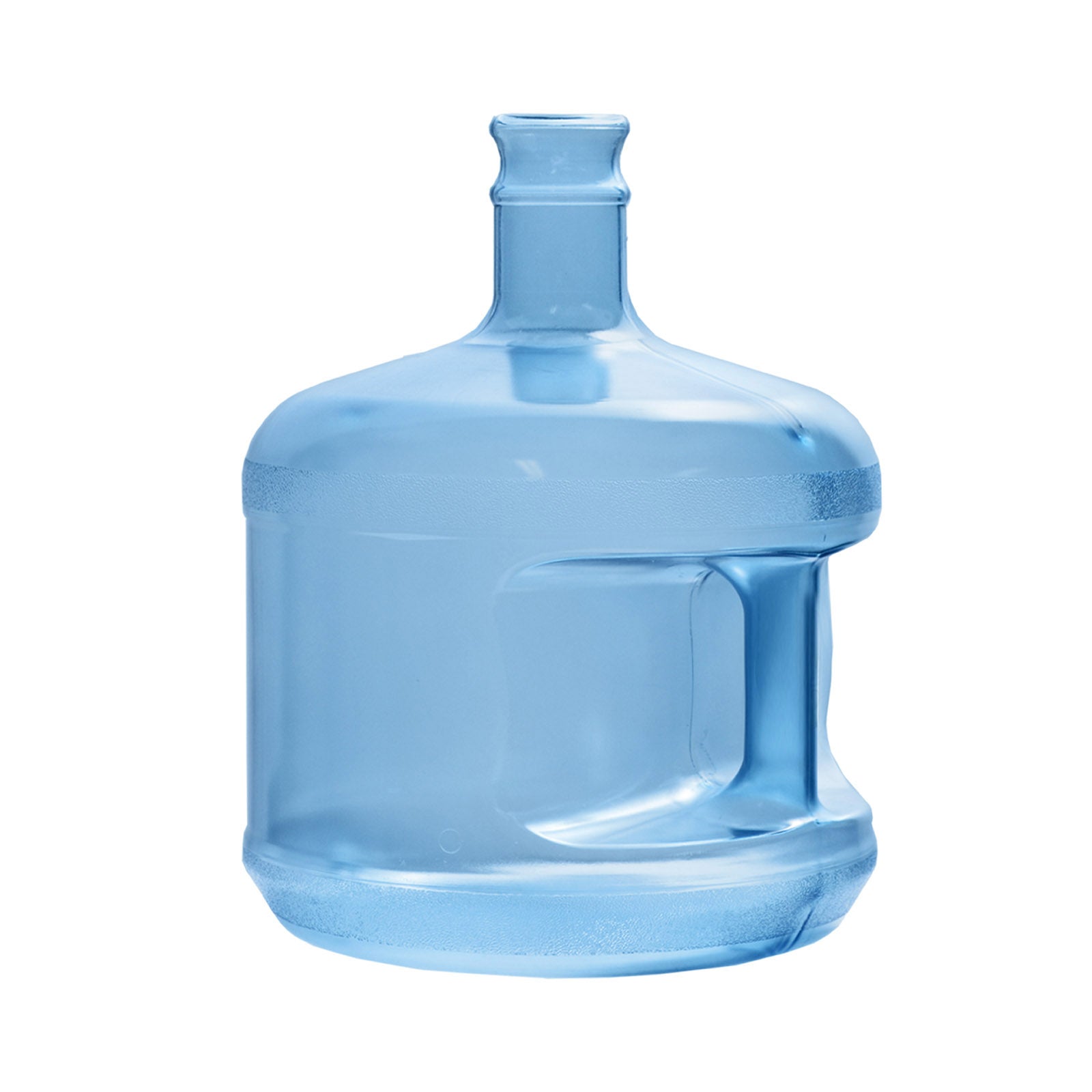 The 3-Gallon Polycarbonate Crown Top Water Bottle is a translucent blue jug with a built-in handle and narrow neck, ideal for travel, camping, or use with water dispensers.
