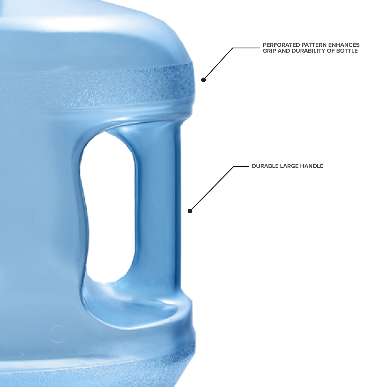 Close-up of the 3-Gallon Polycarbonate Crown Top Water Bottle—features a big handle, textured perforated pattern near the top, and labeled for grip, durability, and size. A reliable travel companion for camping with robust design.