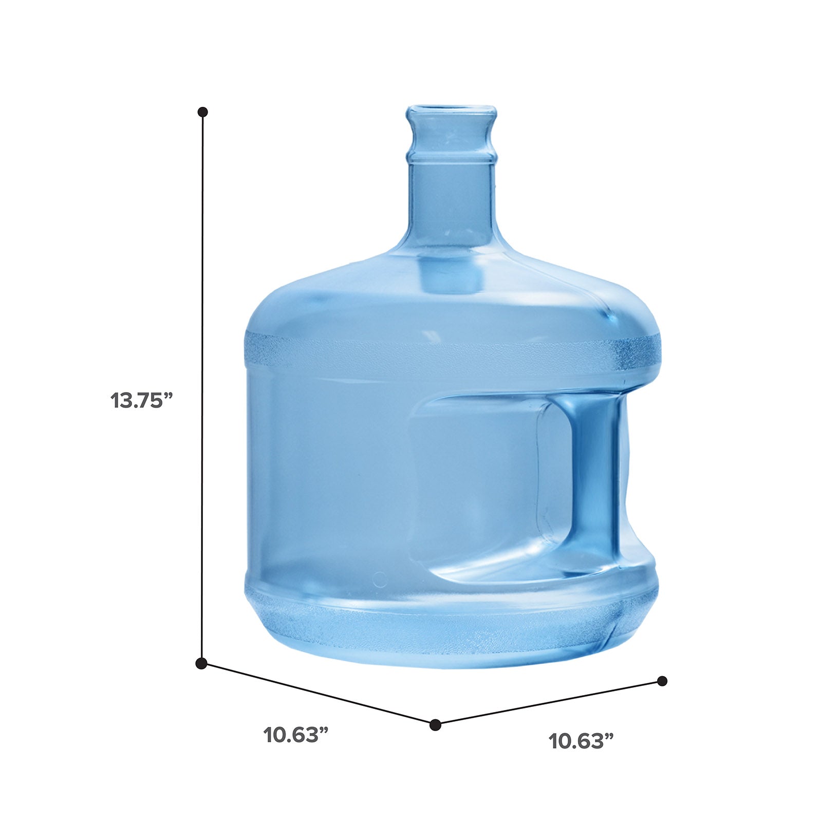 The 3-Gallon Polycarbonate Crown Top Water Bottle is a blue plastic jug with a built-in handle, measuring 13.75" H x 10.63" W x 10.63" D—perfect for travel or camping thanks to its large capacity and durability.
