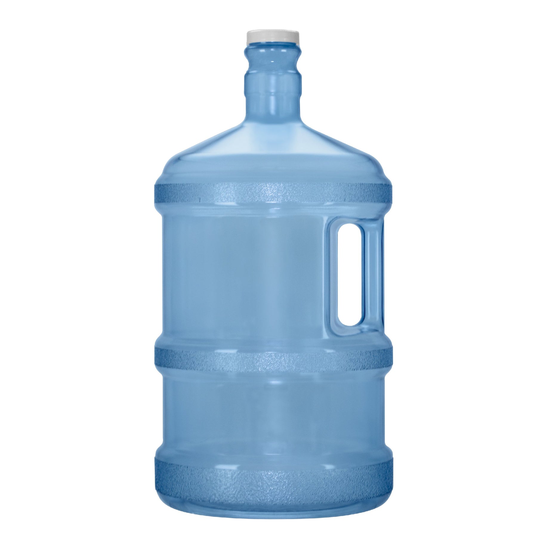 The 3-Gallon Polycarbonate Water Bottle w/ Screw Cap features a transparent blue body, white screw cap, and side handle, standing upright against a white background.