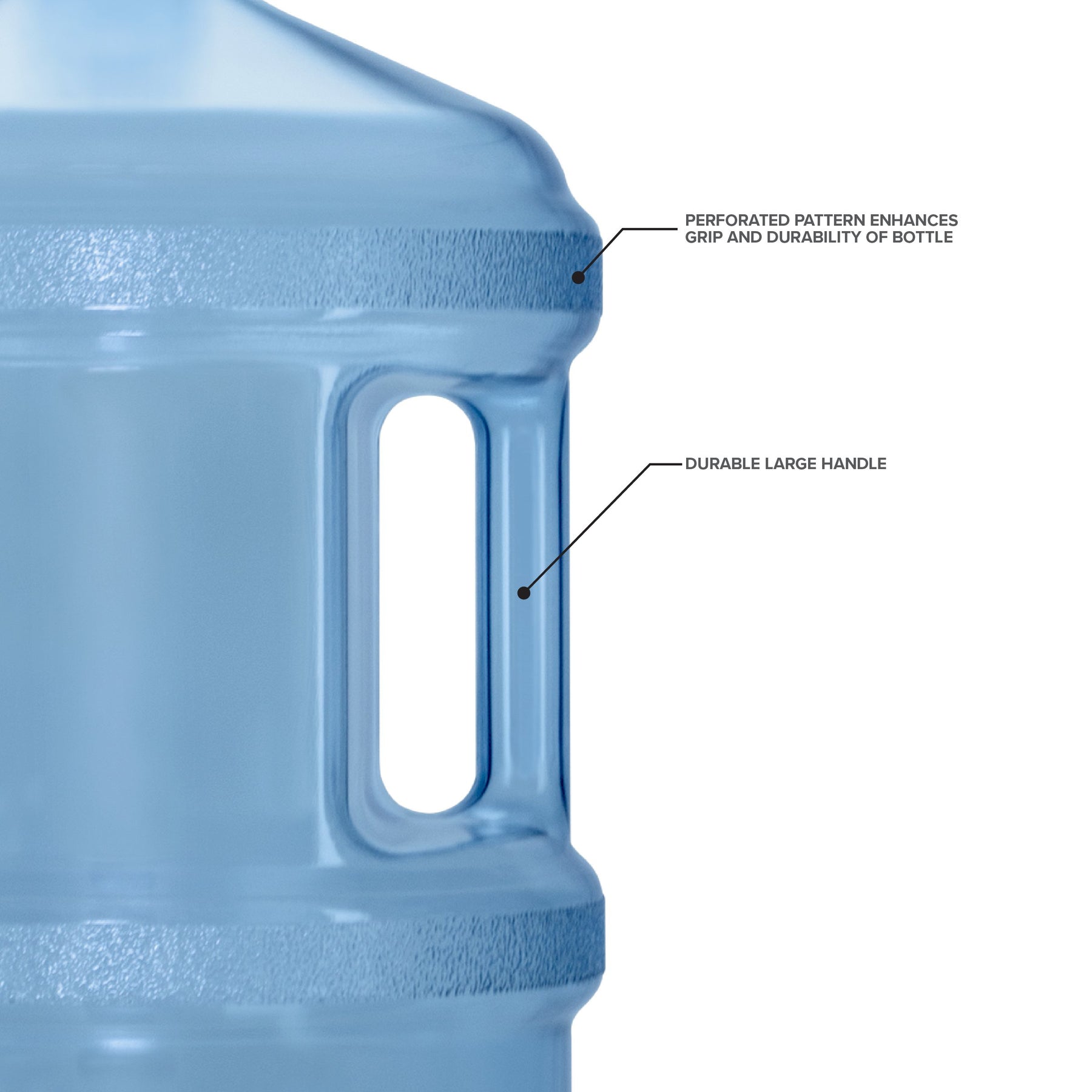 Close-up of the 3-Gallon Polycarbonate Water Bottle w/ Screw Cap, featuring a blue, perforated grip for durability, a sturdy large handle, and ample capacity—perfect as your go-to reusable water bottle.