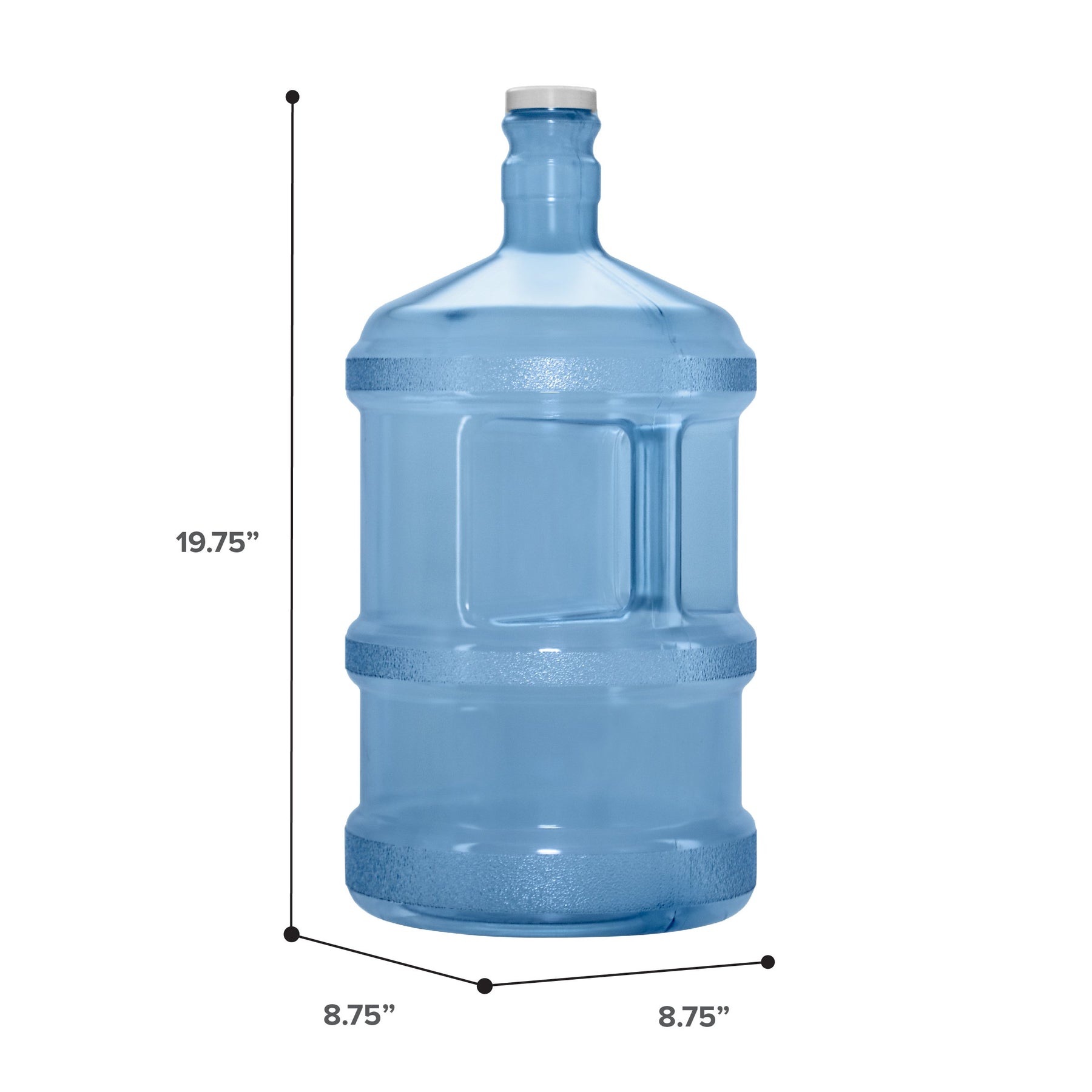 The 3-Gallon Polycarbonate Water Bottle w/ Screw Cap is clear blue with a white cap, measures 19.75"H x 8.75"W, and features ridges plus a built-in handle for easy carrying.