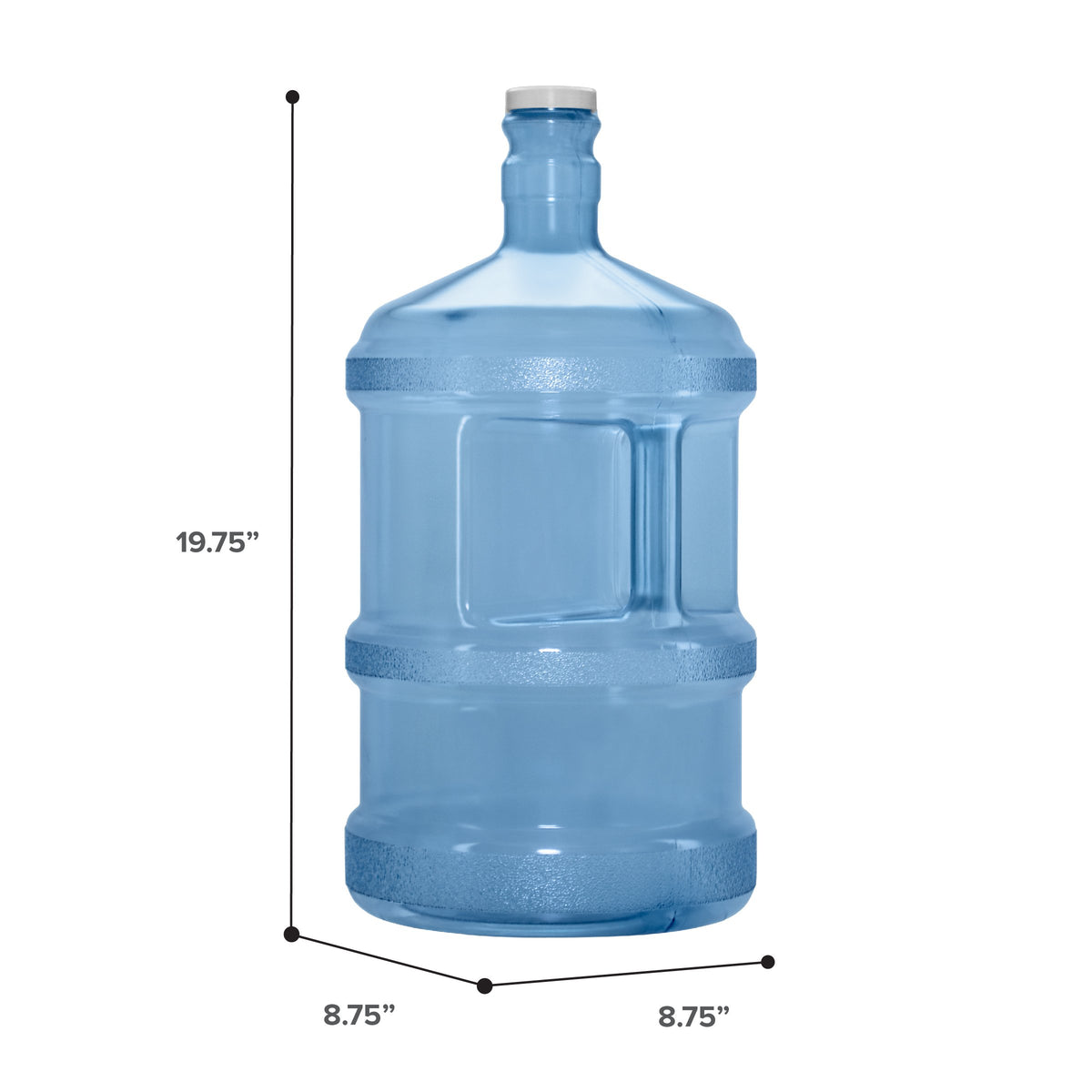 The 3-Gallon Polycarbonate Water Bottle w/ Screw Cap is clear blue with a white cap, measures 19.75"H x 8.75"W, and features ridges plus a built-in handle for easy carrying.