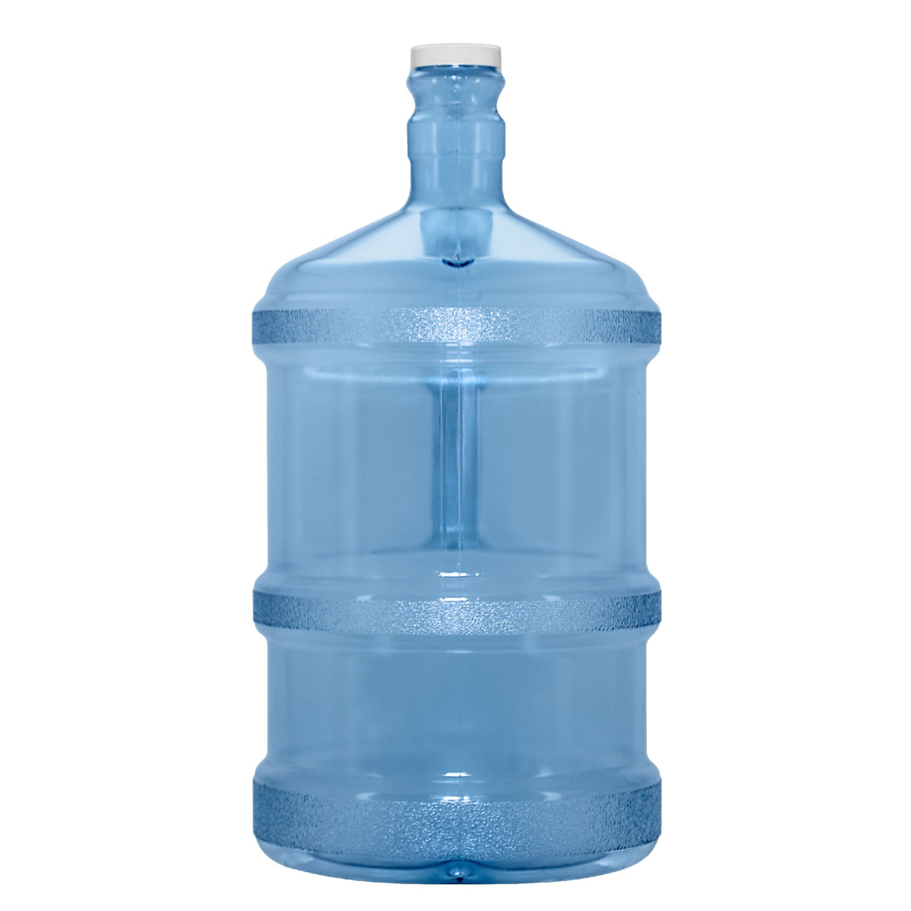 The 3-Gallon Polycarbonate Water Bottle with Screw Cap, featuring a transparent blue design and white cap, is ideal for water dispensers and shown against a plain white background.