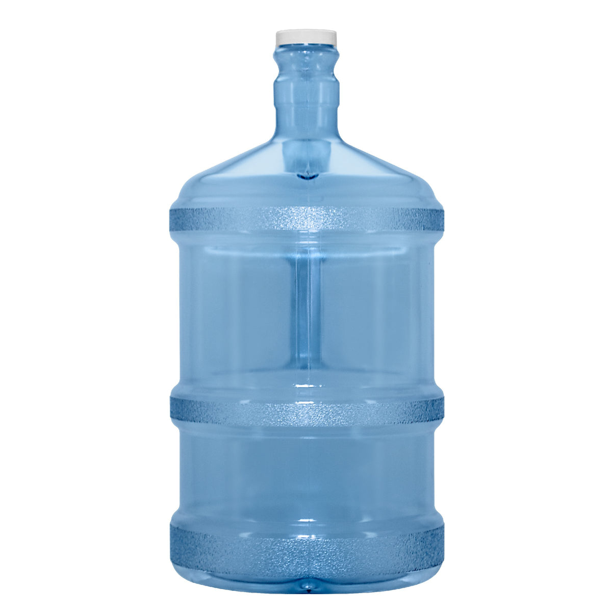The 3-Gallon Polycarbonate Water Bottle with Screw Cap, featuring a transparent blue design and white cap, is ideal for water dispensers and shown against a plain white background.