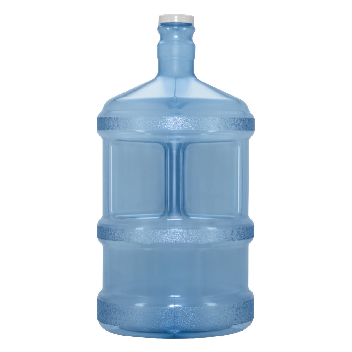 The 3-Gallon Polycarbonate Water Bottle w/ Screw Cap, featuring a transparent blue design and white cap, is pictured on a plain white background, ideal for water dispensers.