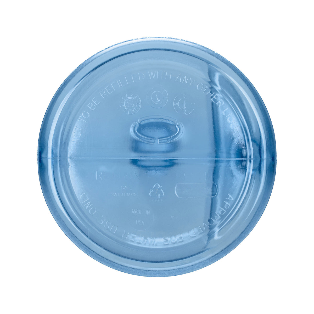 Top view of the circular, semi-transparent blue screw cap from the 3-Gallon Polycarbonate Water Bottle, featuring embossed recycling symbols and a warning not to refill with other liquids.