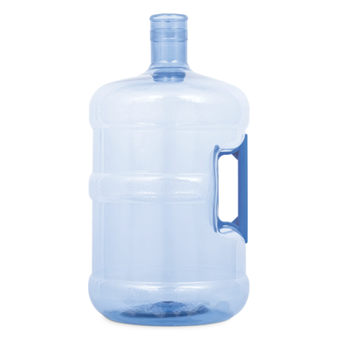 A 5-gallon blue water bottle with a built-in handle and a crown top cap, designed for easy carrying.