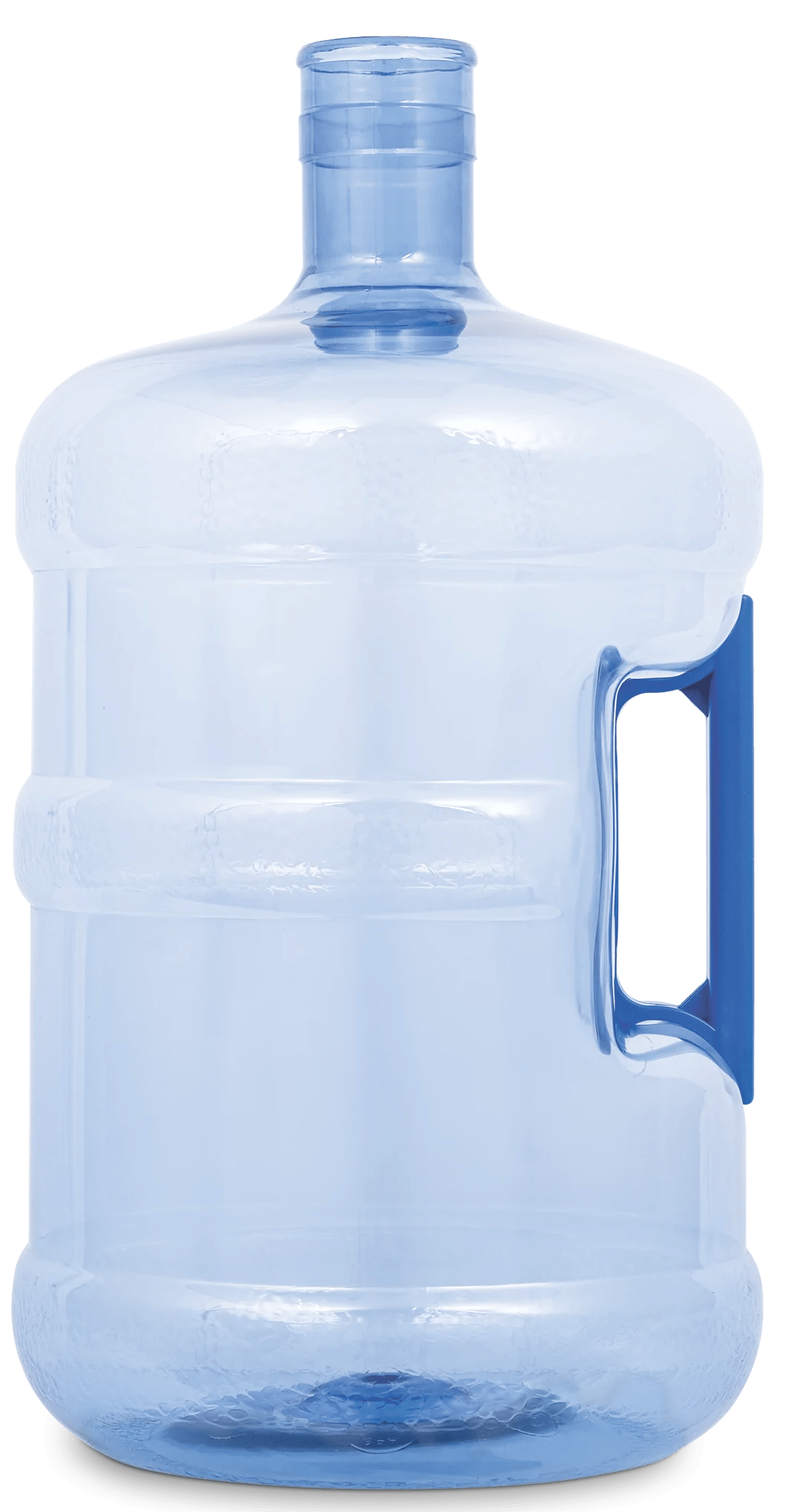 The 5-Gallon BPA-Free Crown Top Water Bottle features a clear blue design, built-in blue side handle, and safe plastic construction for reusable water storage and dispensing.